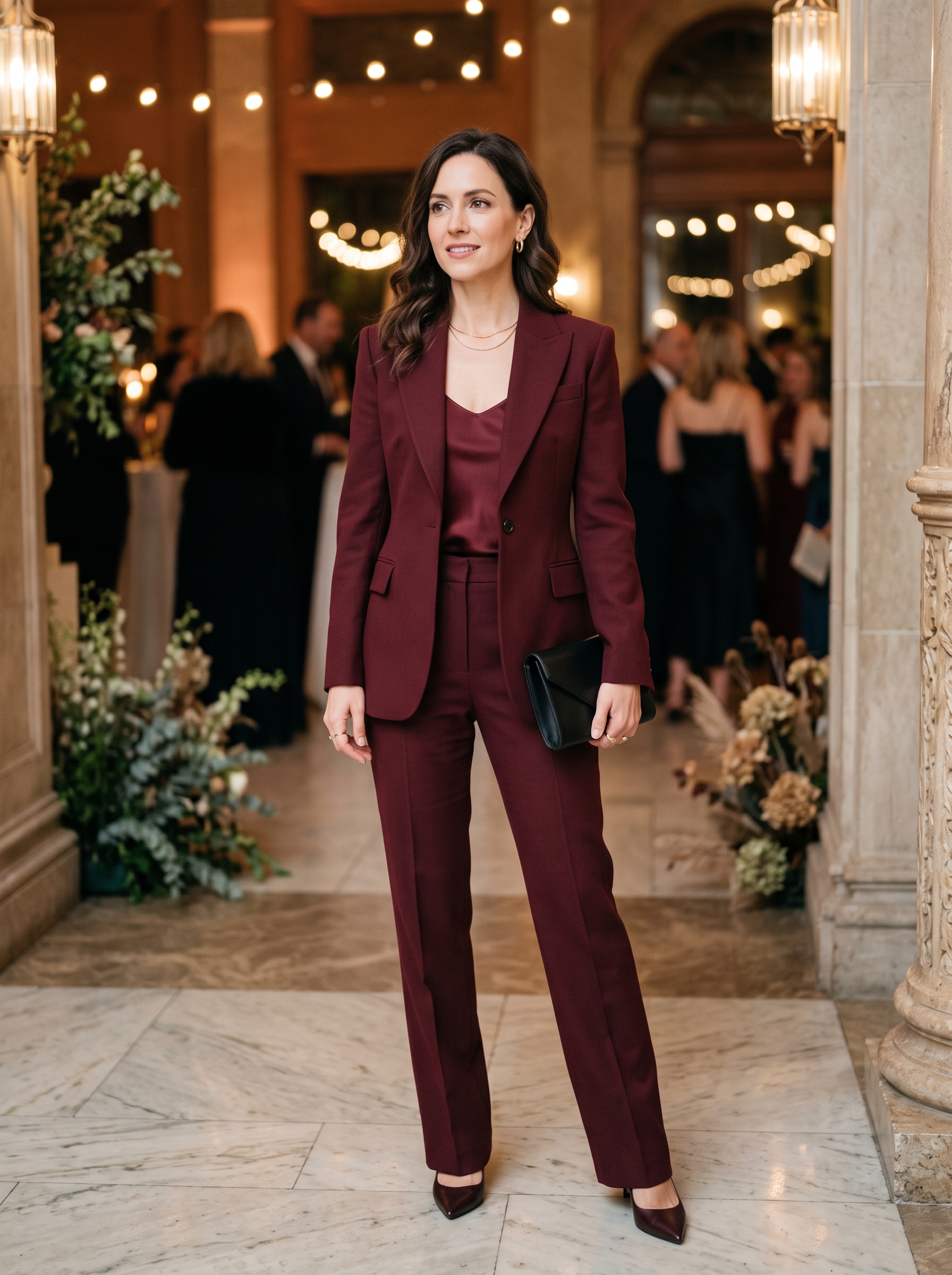Burgundy Tailored Suit With Satin Camisole