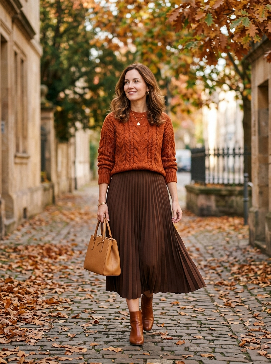 Burnt Orange Knit With Chocolate Midi Skirt