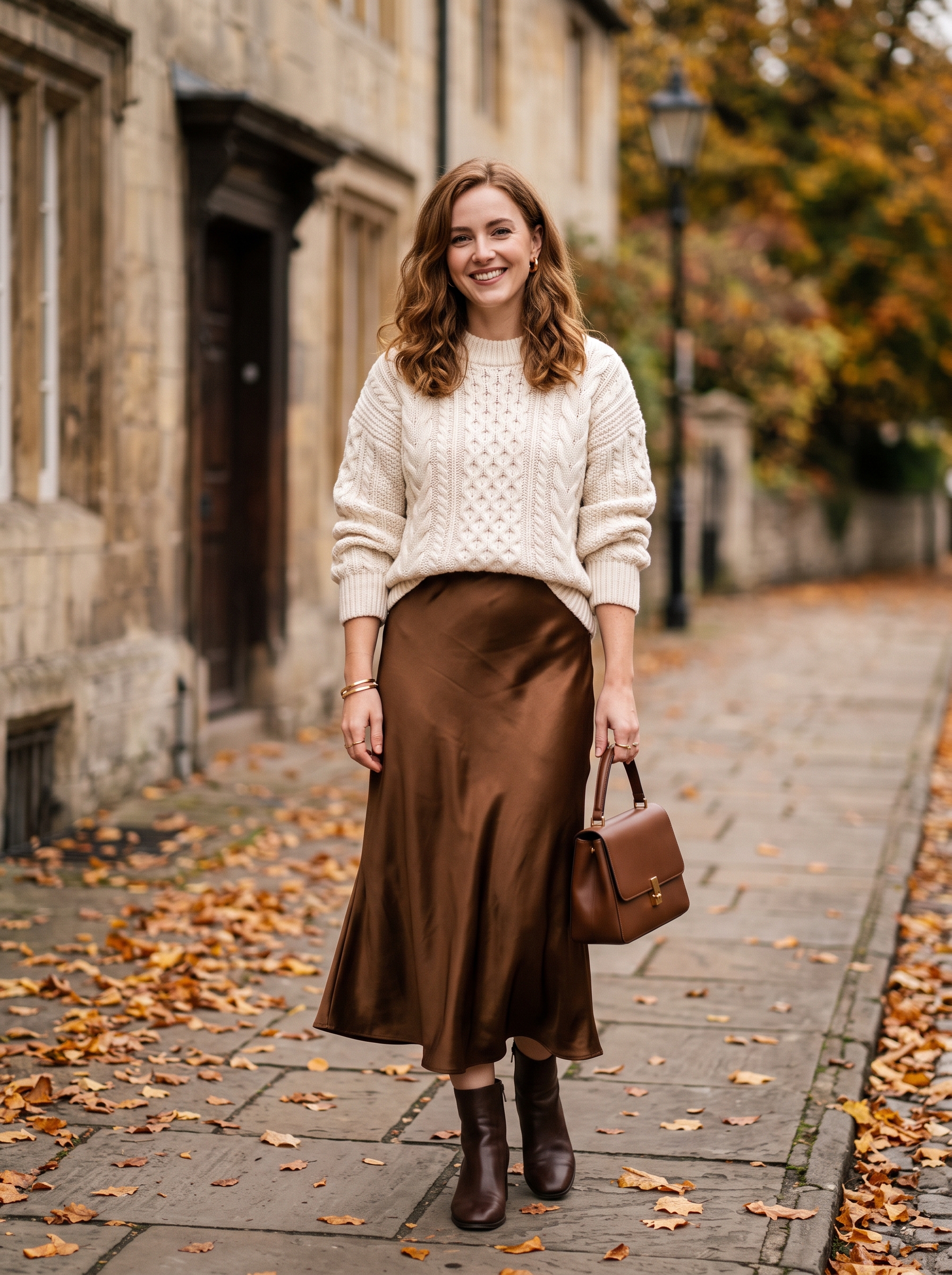 Cable-Knit Sweater With Satin Midi Skirt