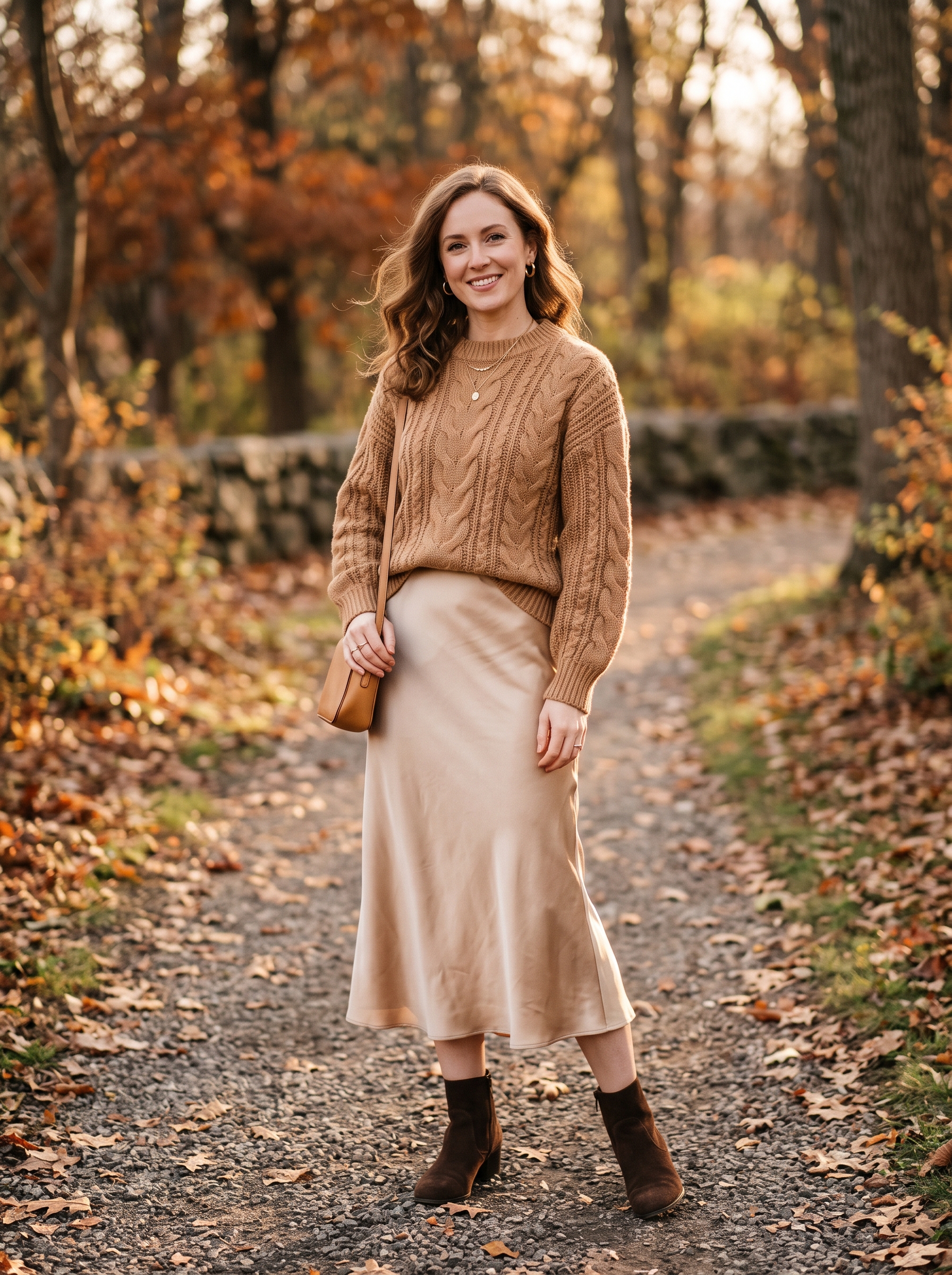 Cable-Knit Sweater With Satin Midi Skirt
