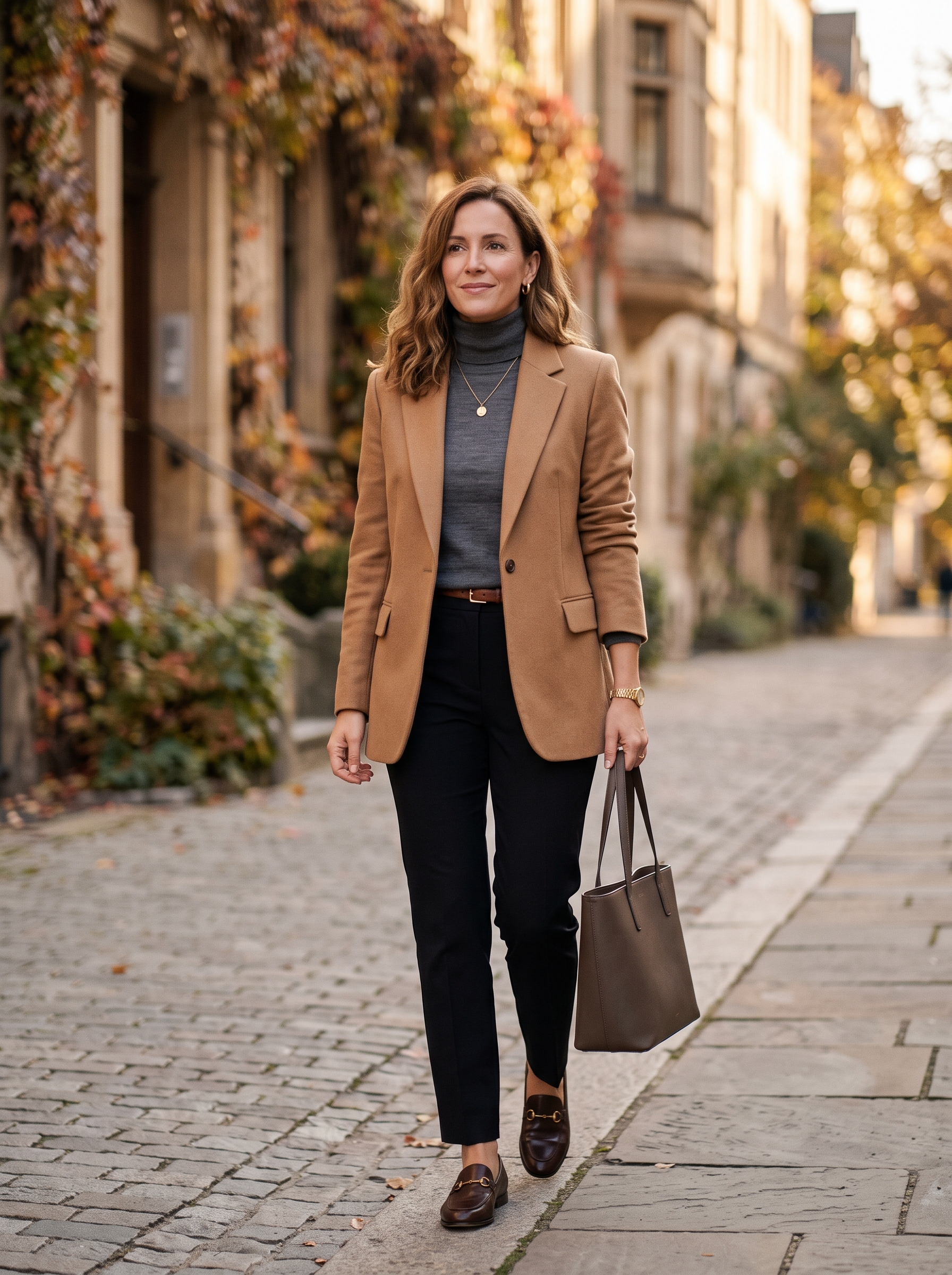 Camel Blazer With Black Tailored Trousers