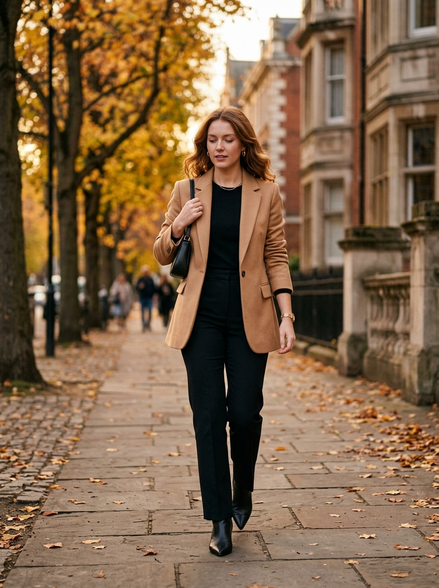 Camel Blazer With Black Trousers and a Fine Knit