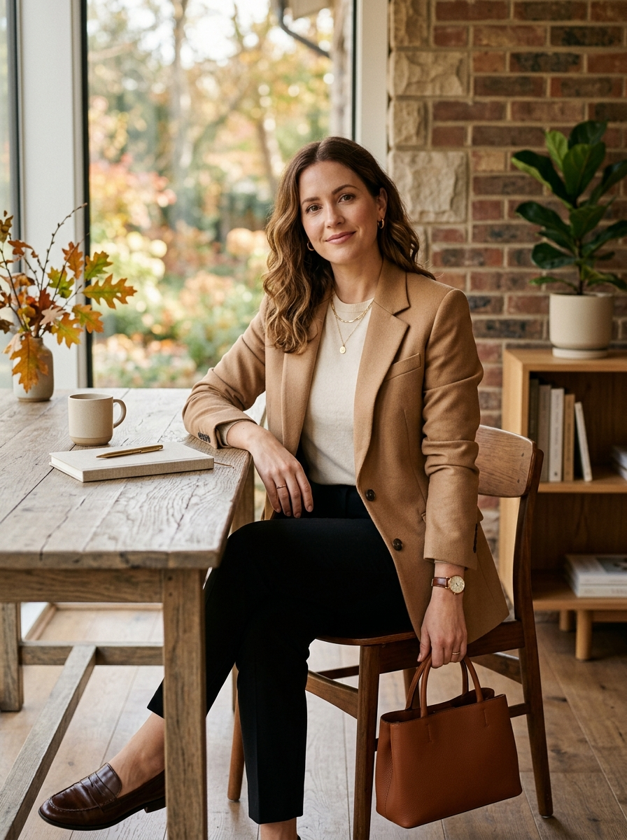 Camel Blazer With Black Trousers