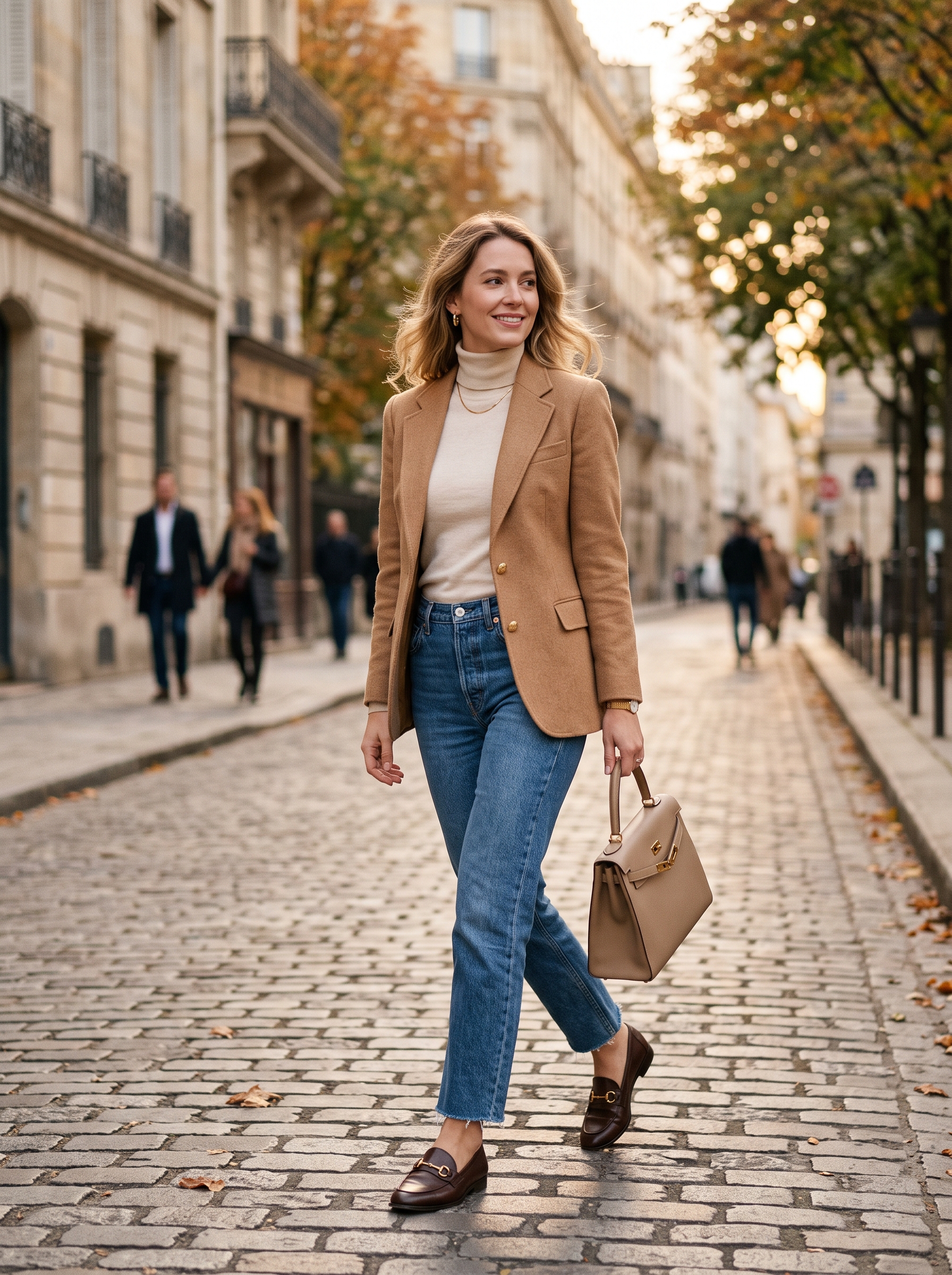 Camel Blazer With Straight-Leg Jeans