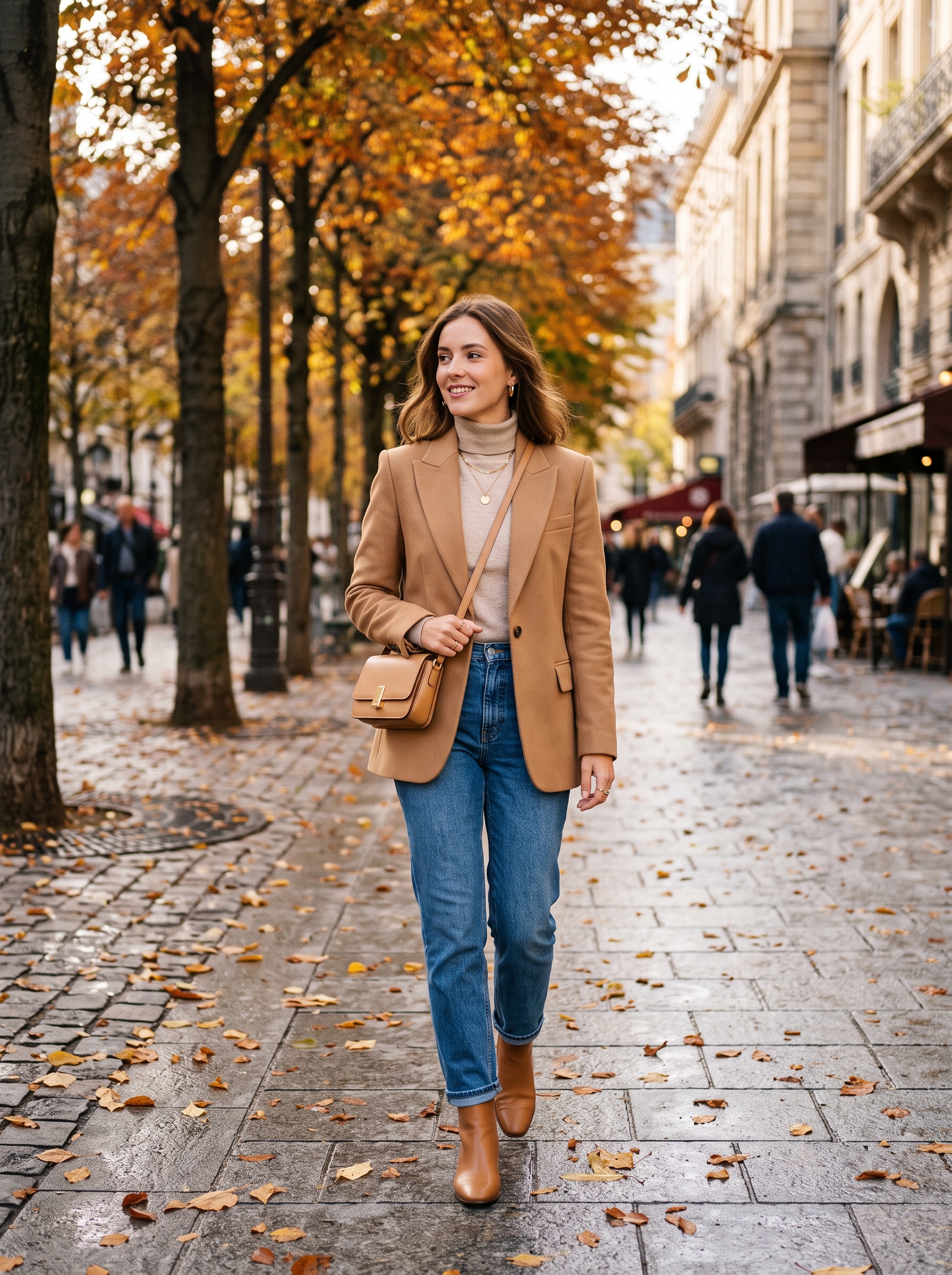 Camel Blazer With Straight-Leg Jeans