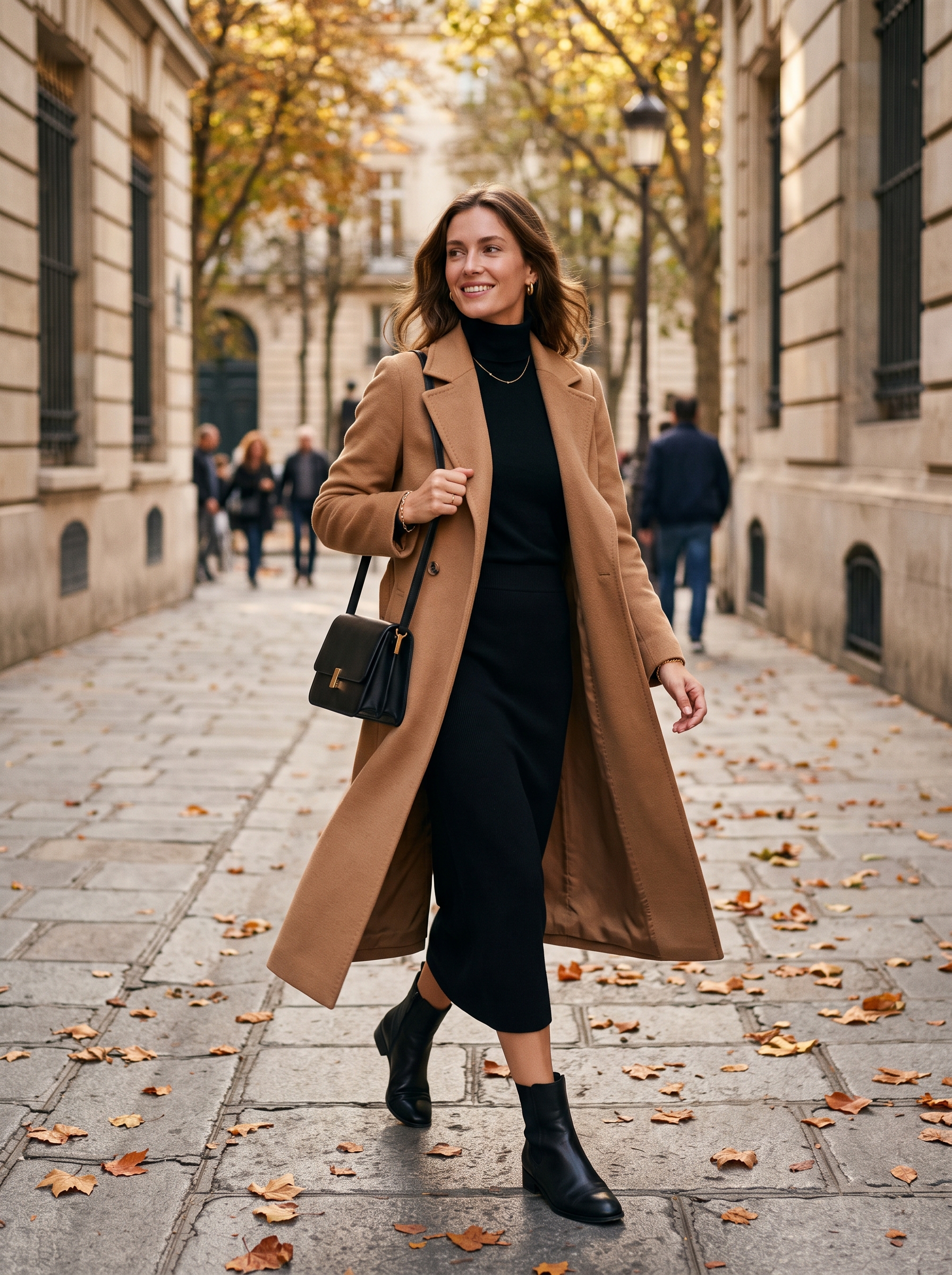 Camel Coat With Black Knit Separates