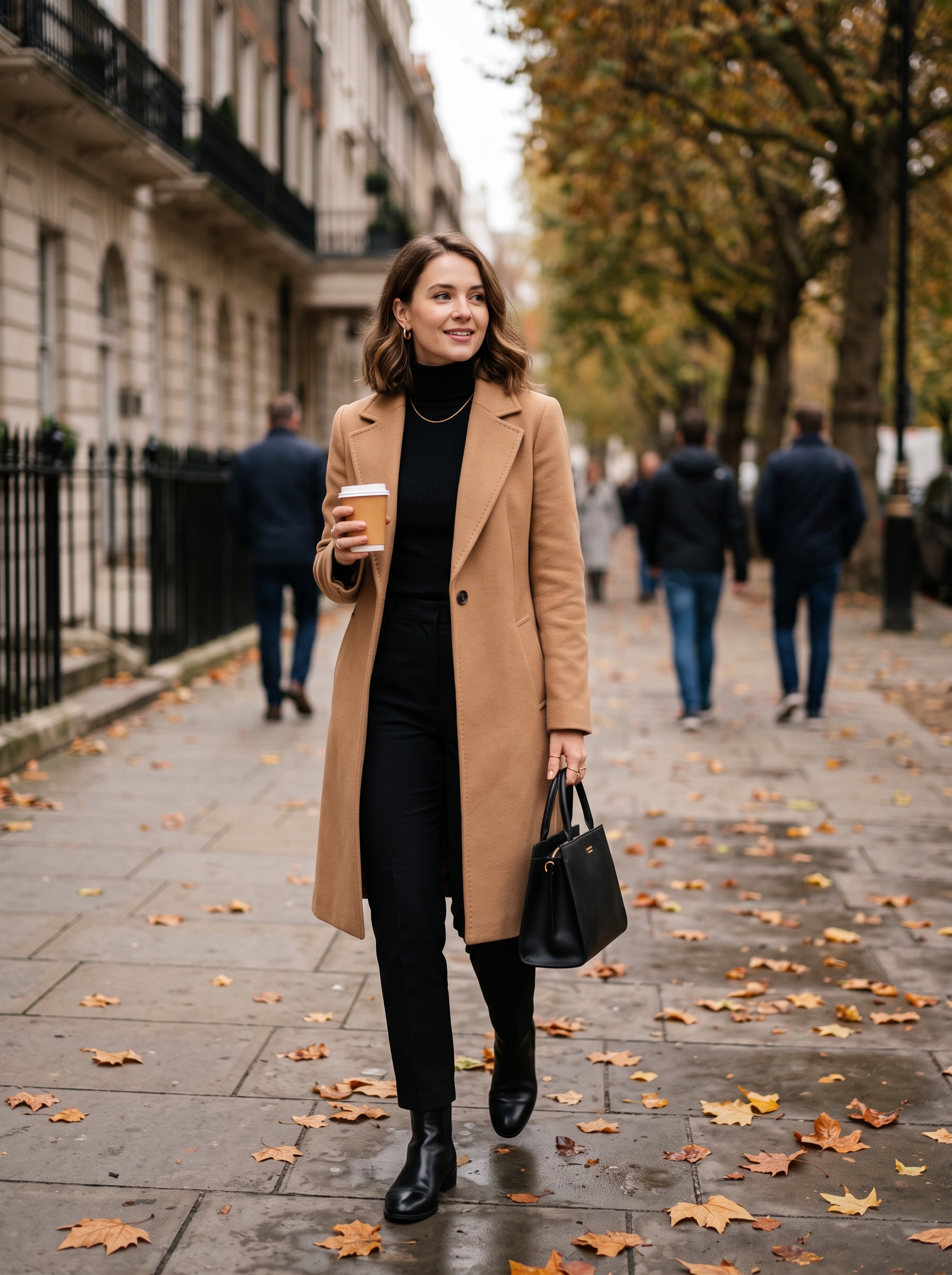 Camel Coat With Black Trousers and Fine Knit