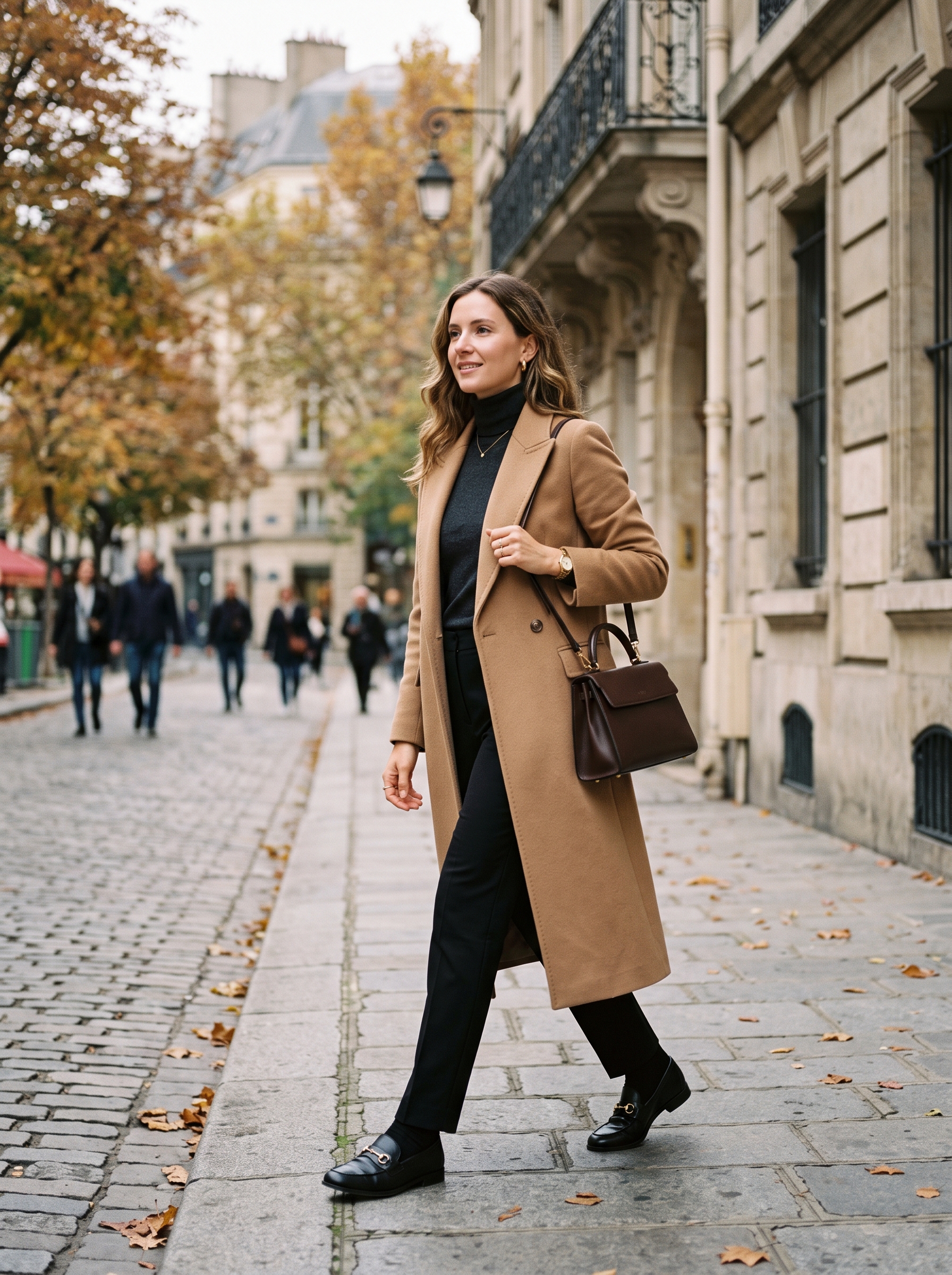 Camel Coat With Black Trousers