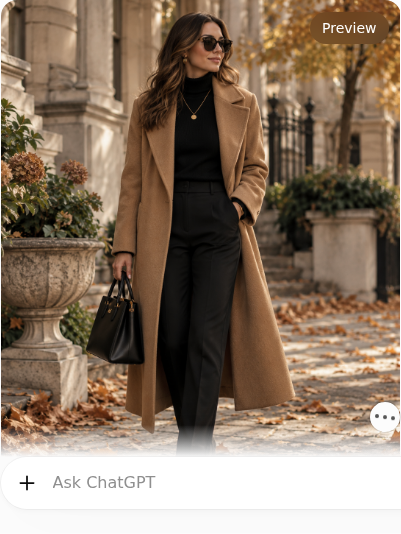 Camel Coat With Black Turtleneck and Trousers