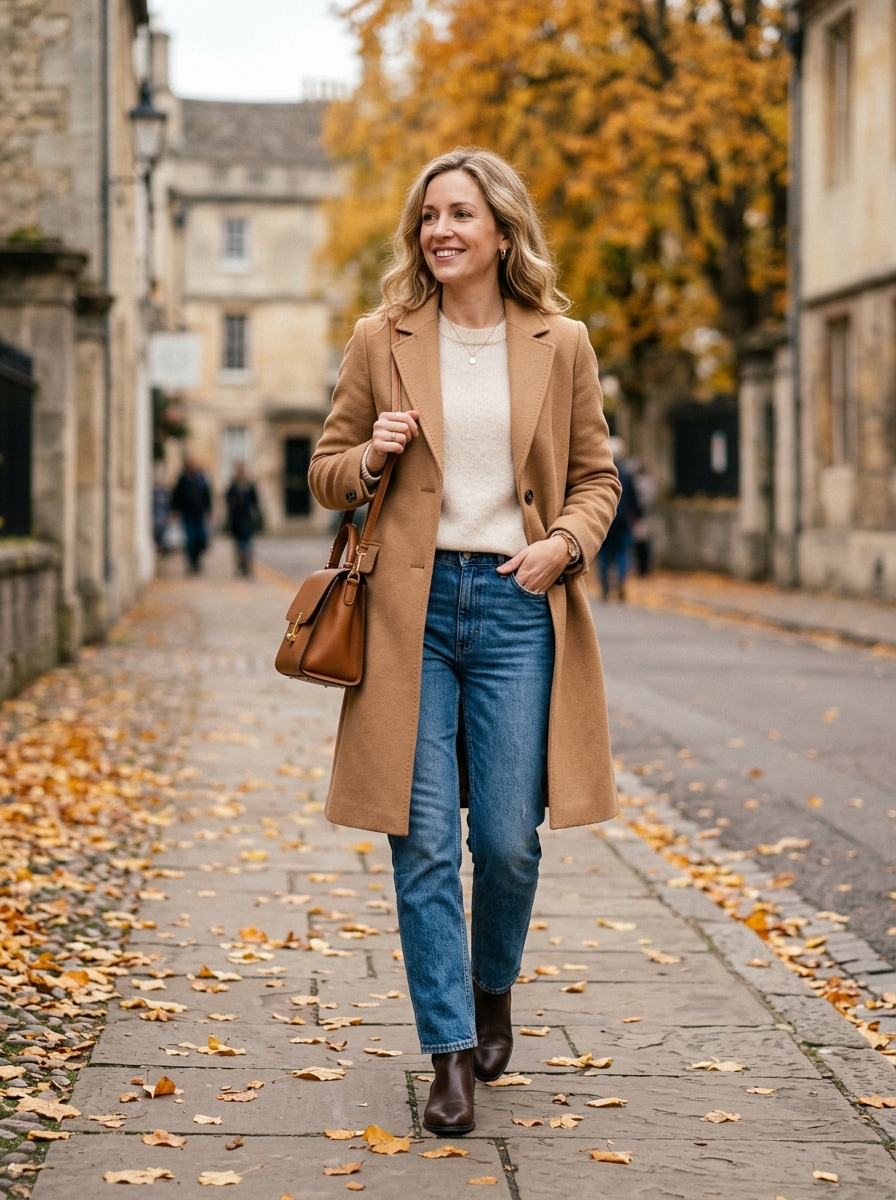 Camel Coat With Cream Sweater and Jeans