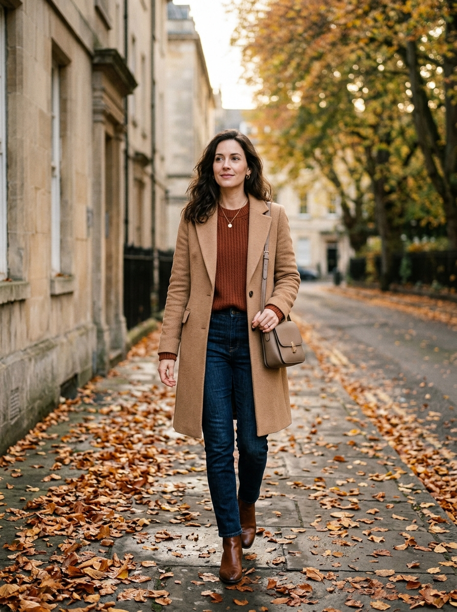 Camel Coat With Rust Knit and Dark Denim