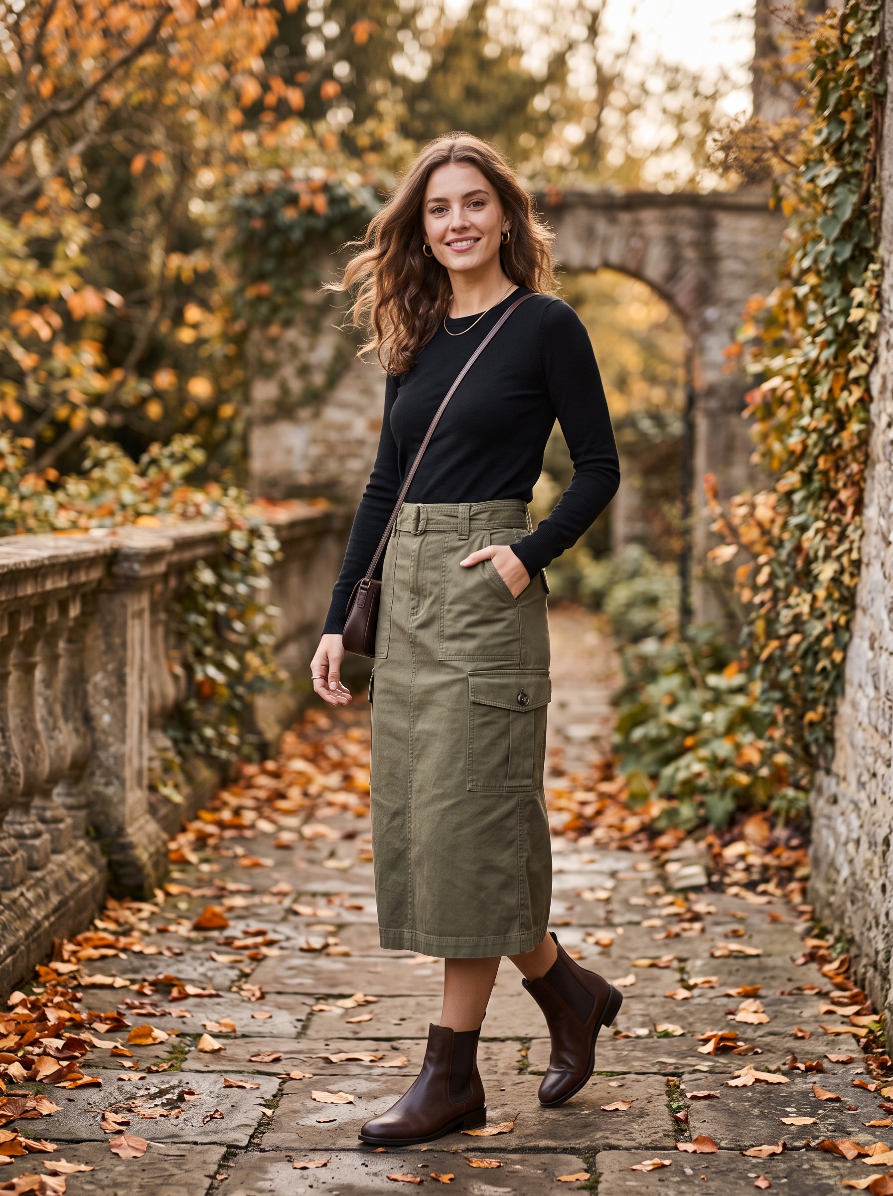 Cargo Midi Skirt With a Fitted Long-Sleeve Top
