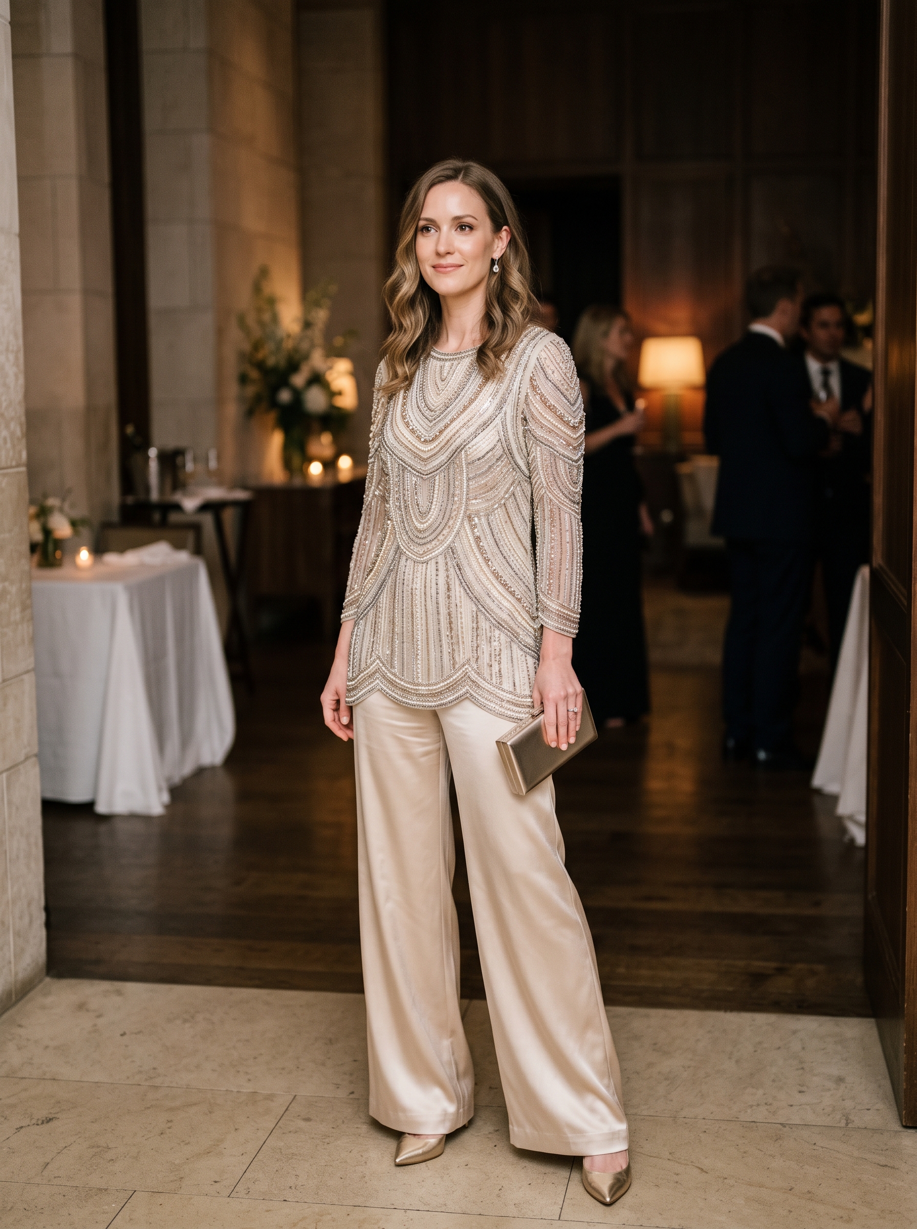 Champagne Satin Pants With Beaded Tunic