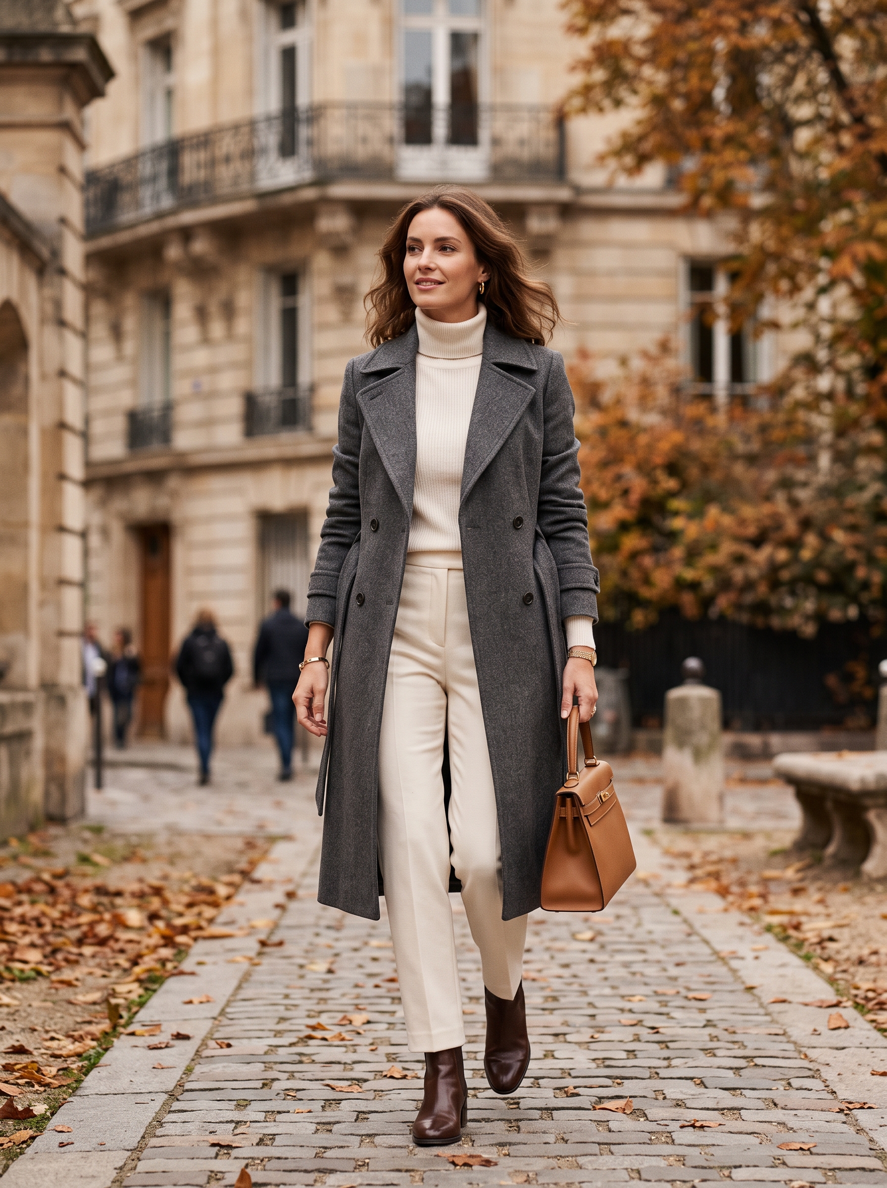 Charcoal Coat With Ivory Trousers and Turtleneck