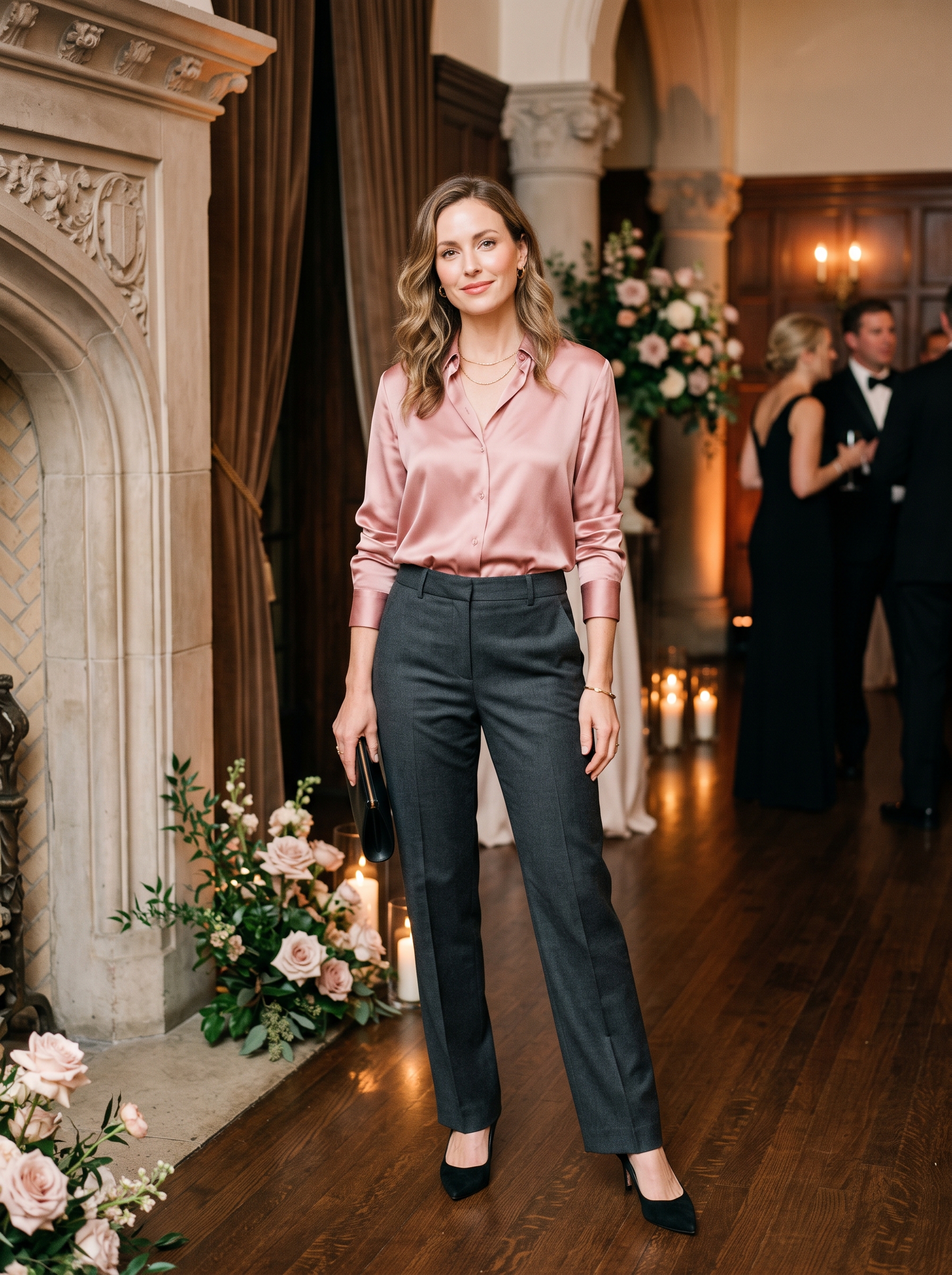 Charcoal Trousers With Rose Satin Blouse