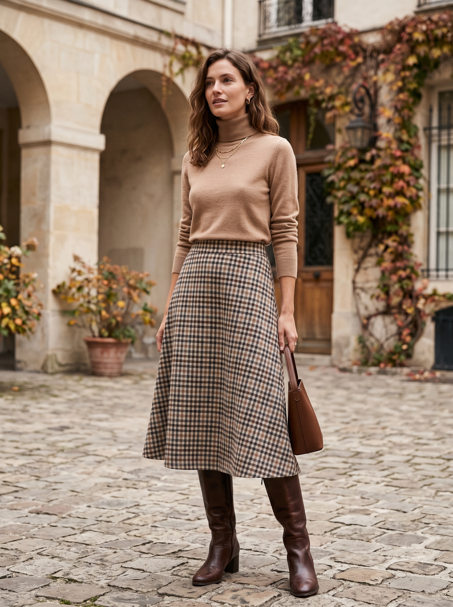 Checked Midi Skirt With Fine-Knit Sweater
