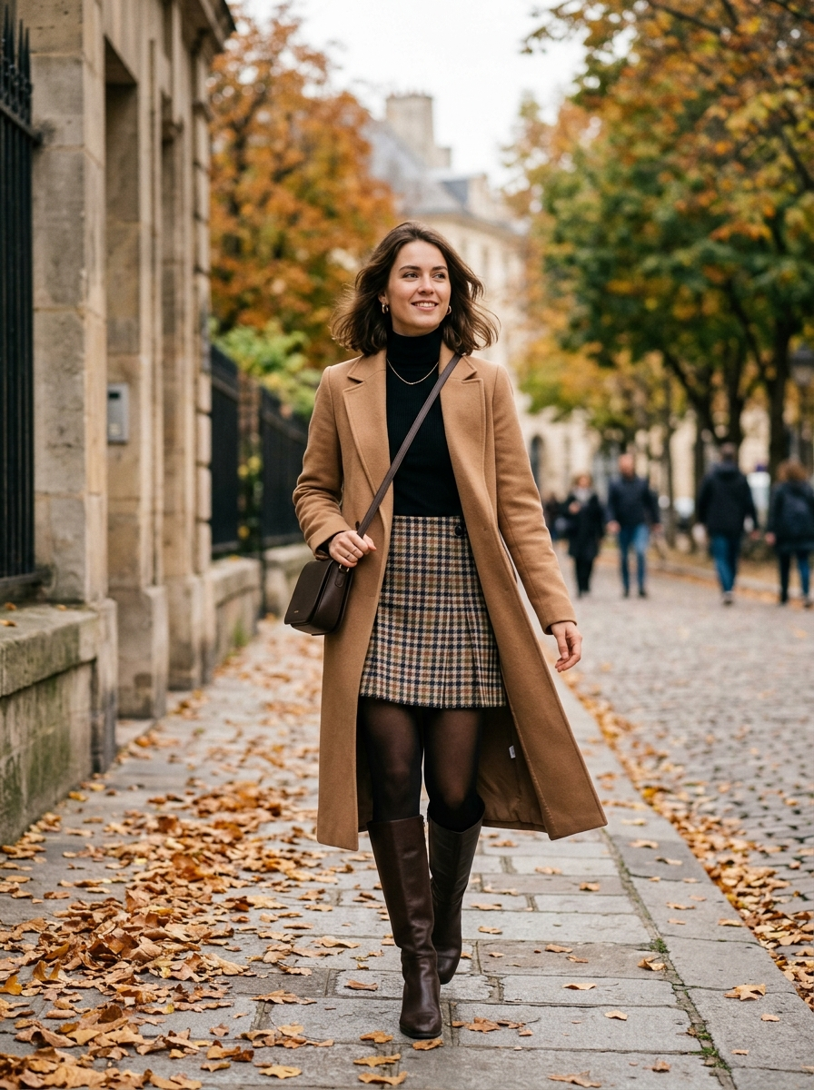 Checked Mini Skirt With a Long Wool Coat