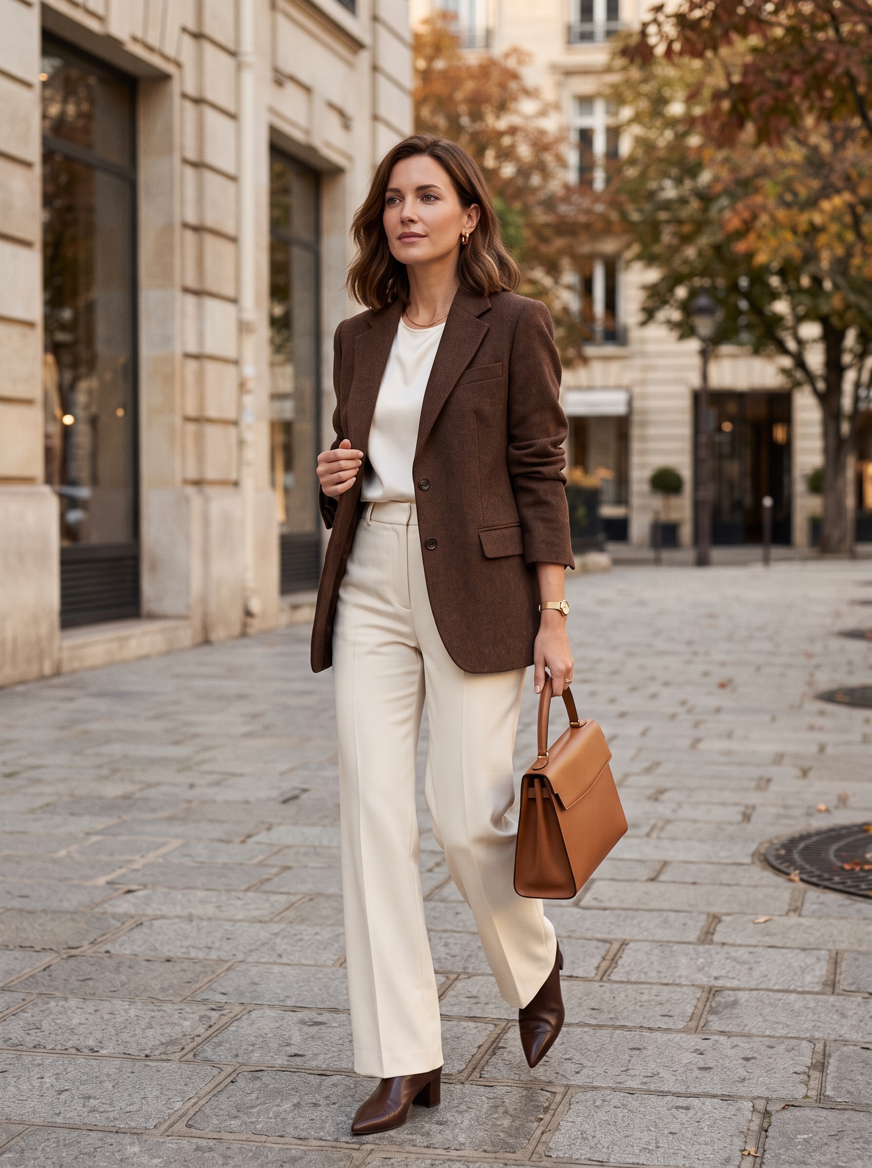 Chocolate Blazer With Cream Trousers