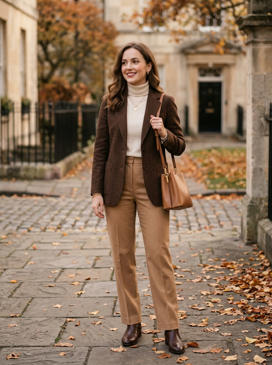 Chocolate Blazer With Cream Turtleneck