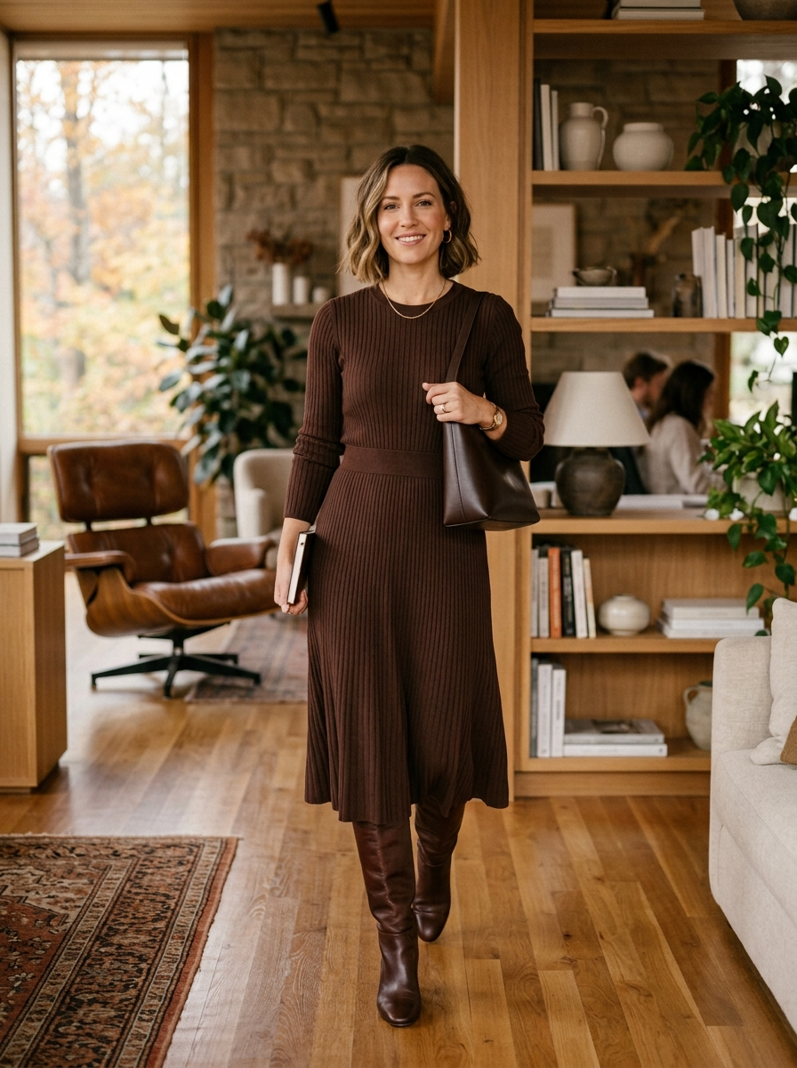 Chocolate Brown Dress With Knee-High Boots