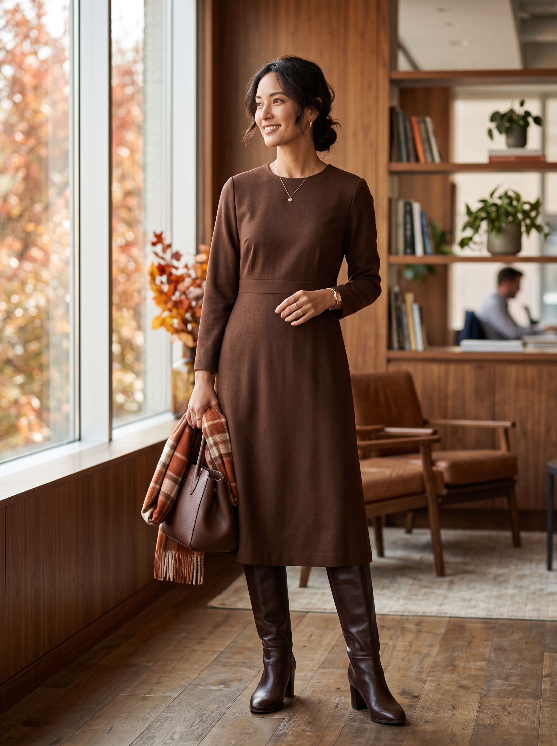 Chocolate Brown Dress With Knee-High Boots