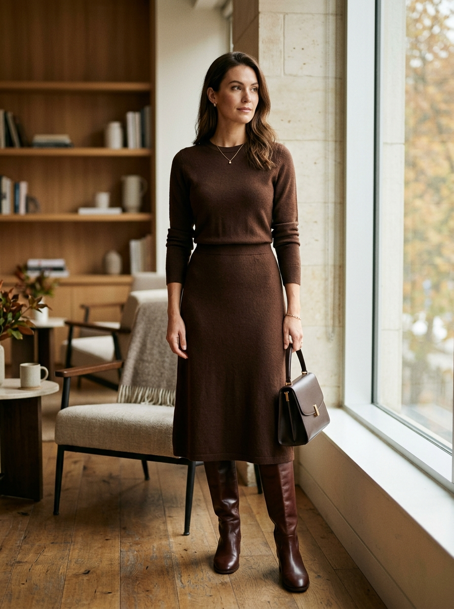 Chocolate Brown Dress With Knee-High Boots