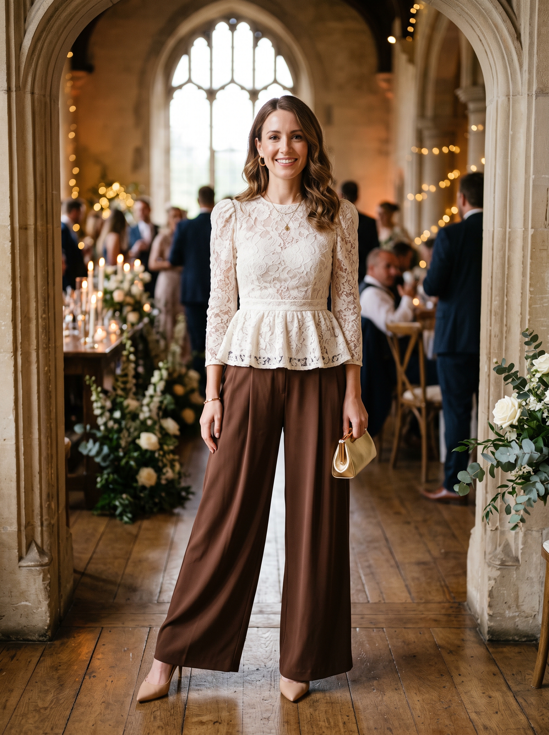 Chocolate Brown Wide-Leg Pants With Lace Peplum Top