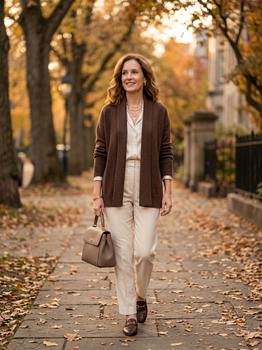 Chocolate Cardigan With Cream Trousers