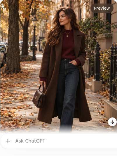Chocolate Coat With Burgundy Knit and Dark Denim