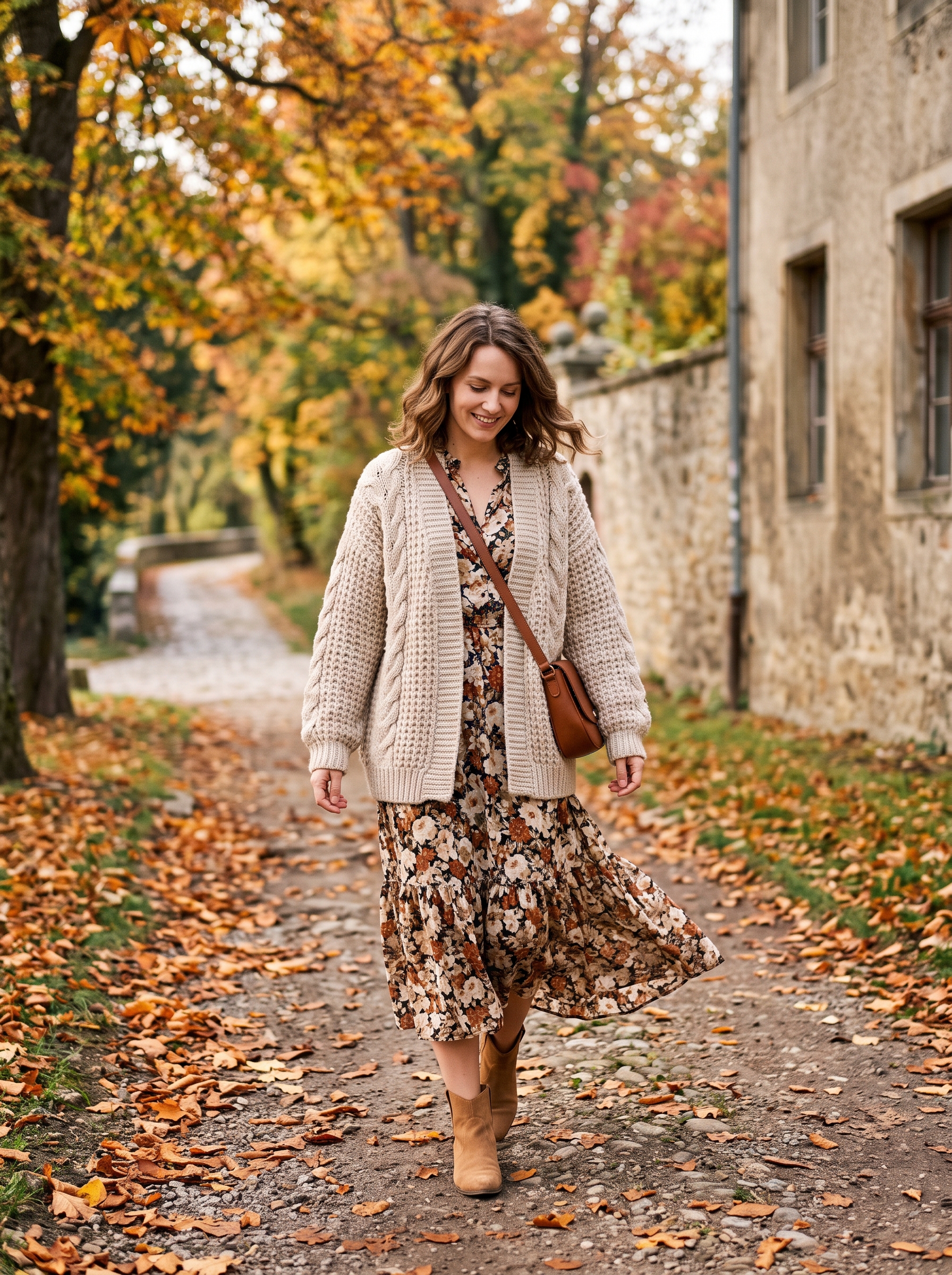 Chunky Cardigan With Floral Midi Dress
