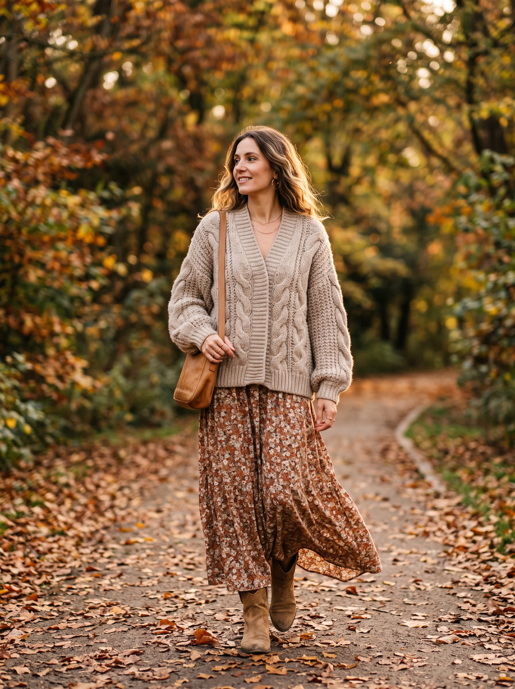 Chunky Cardigan With Flowy Maxi Skirt
