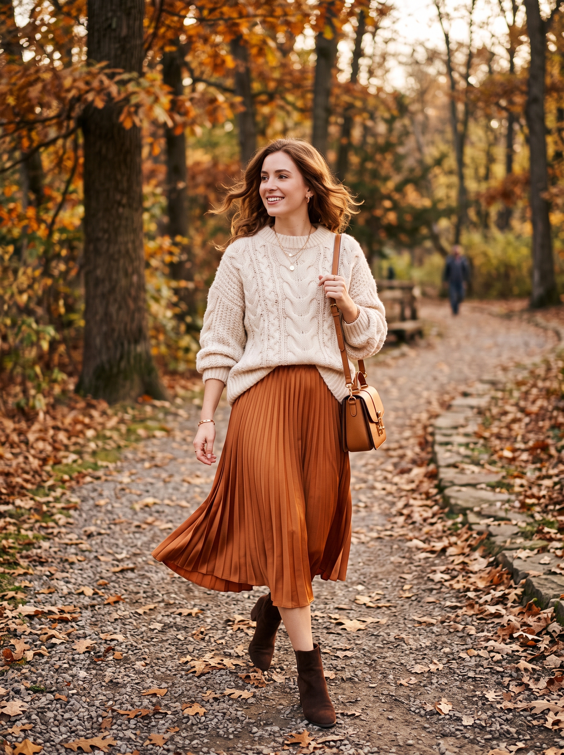 Chunky Knit Sweater With Satin Midi Skirt