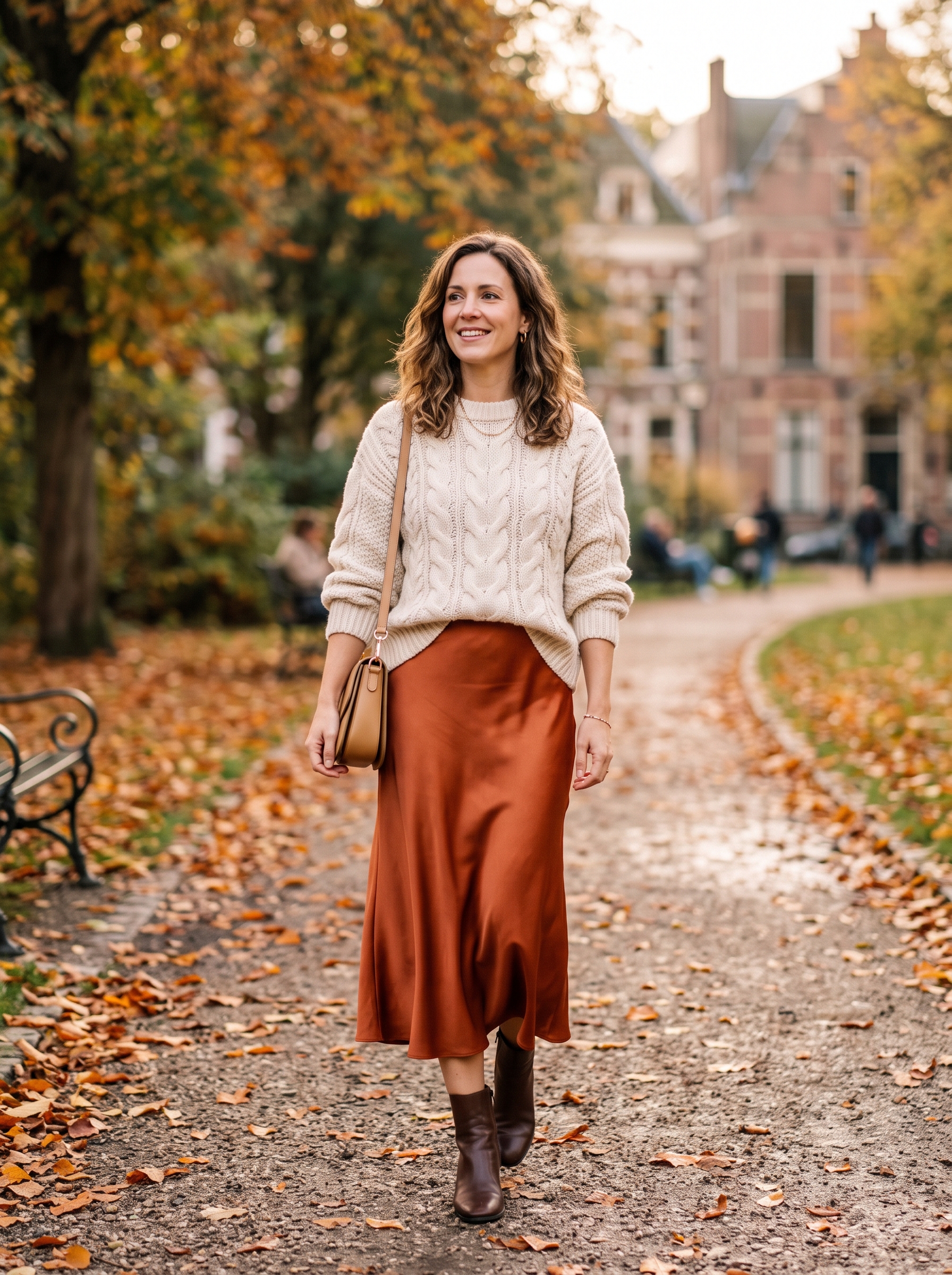 Chunky Sweater With Satin Midi Skirt