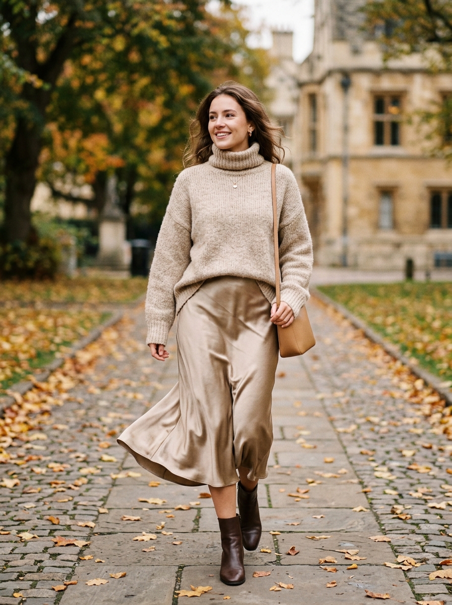 Chunky Turtleneck With Satin Midi Skirt