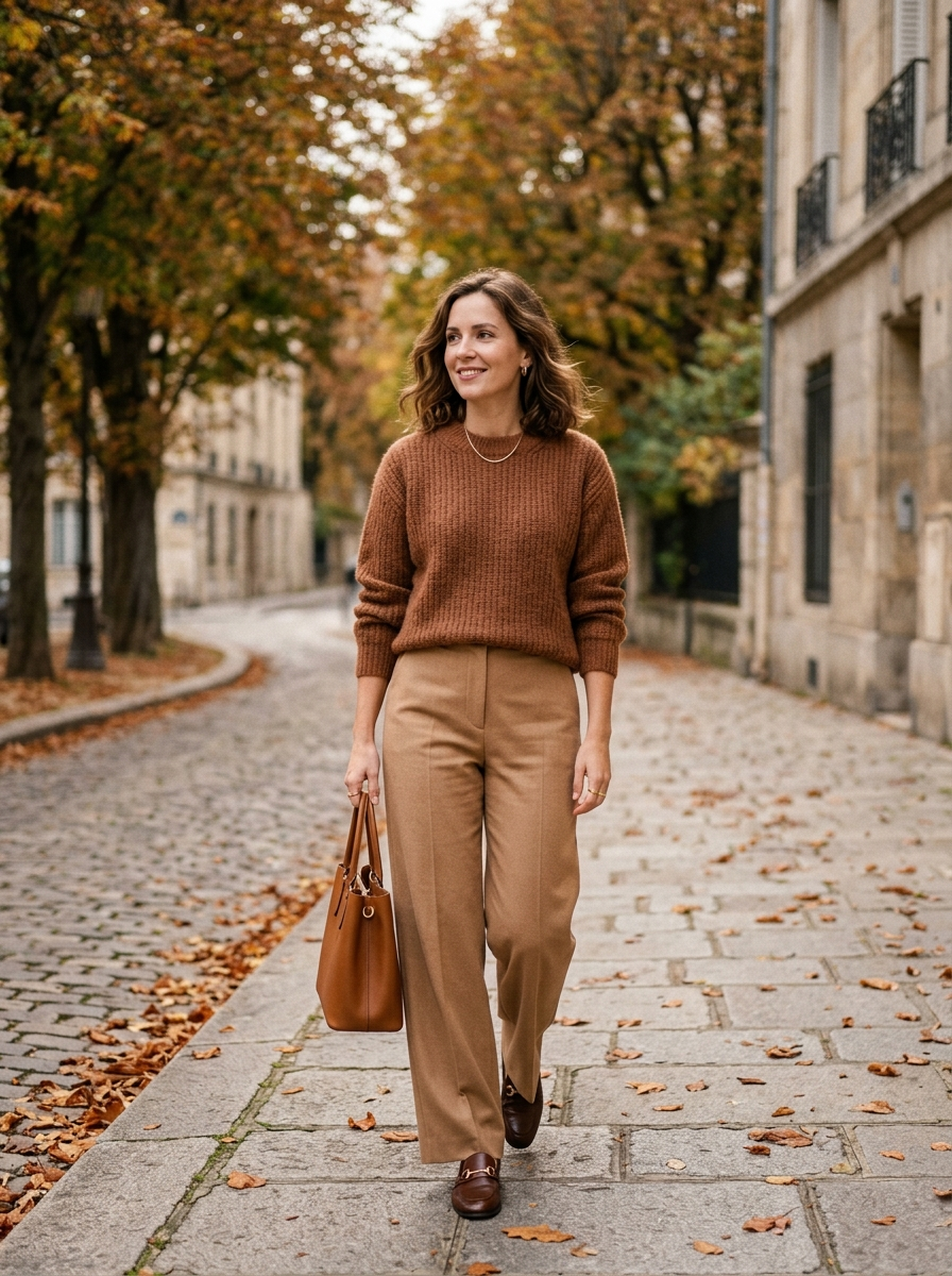 Cinnamon Sweater With Camel Wide-Leg Trousers