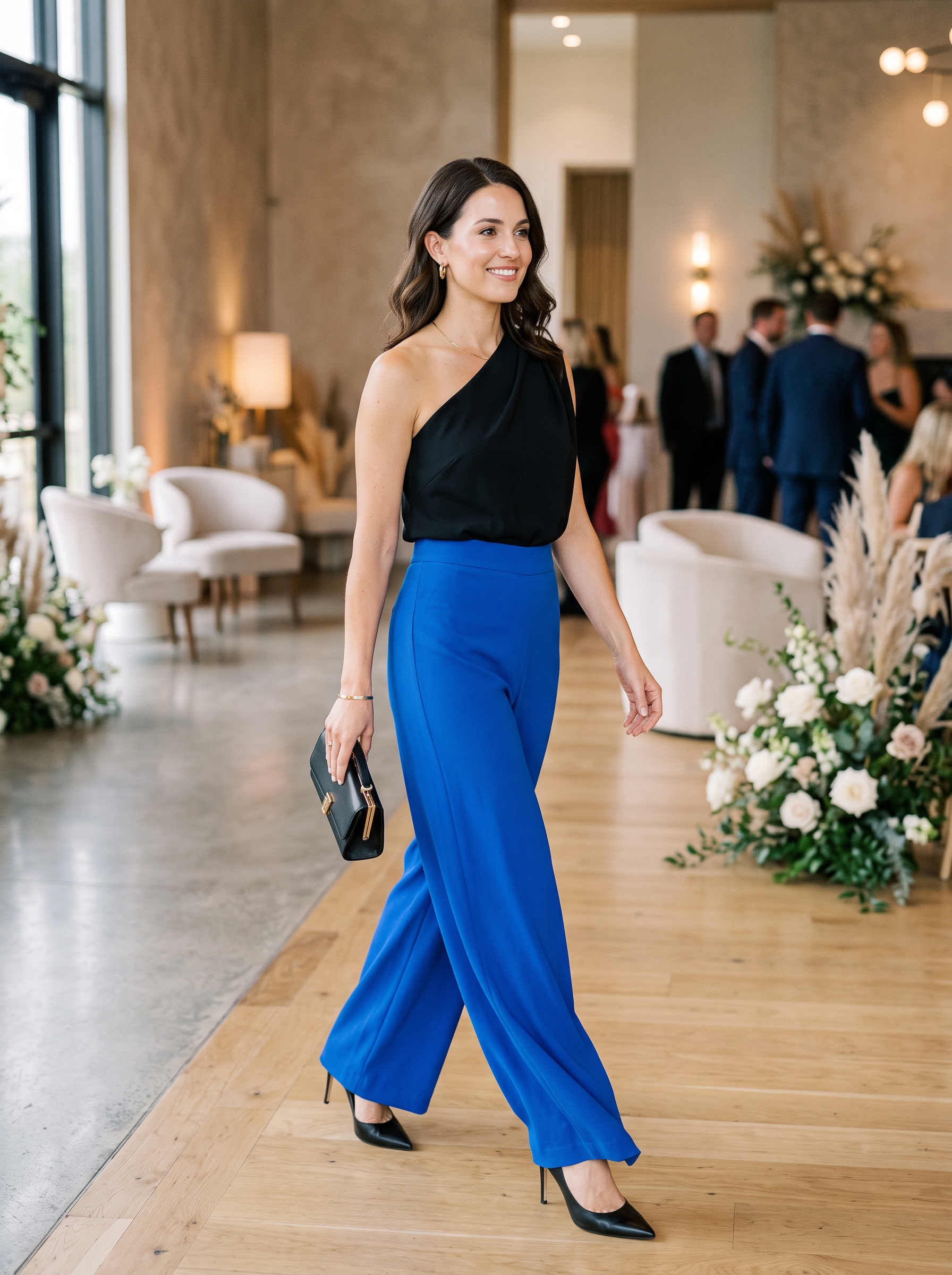 Cobalt Wide-Leg Pants With One-Shoulder Top