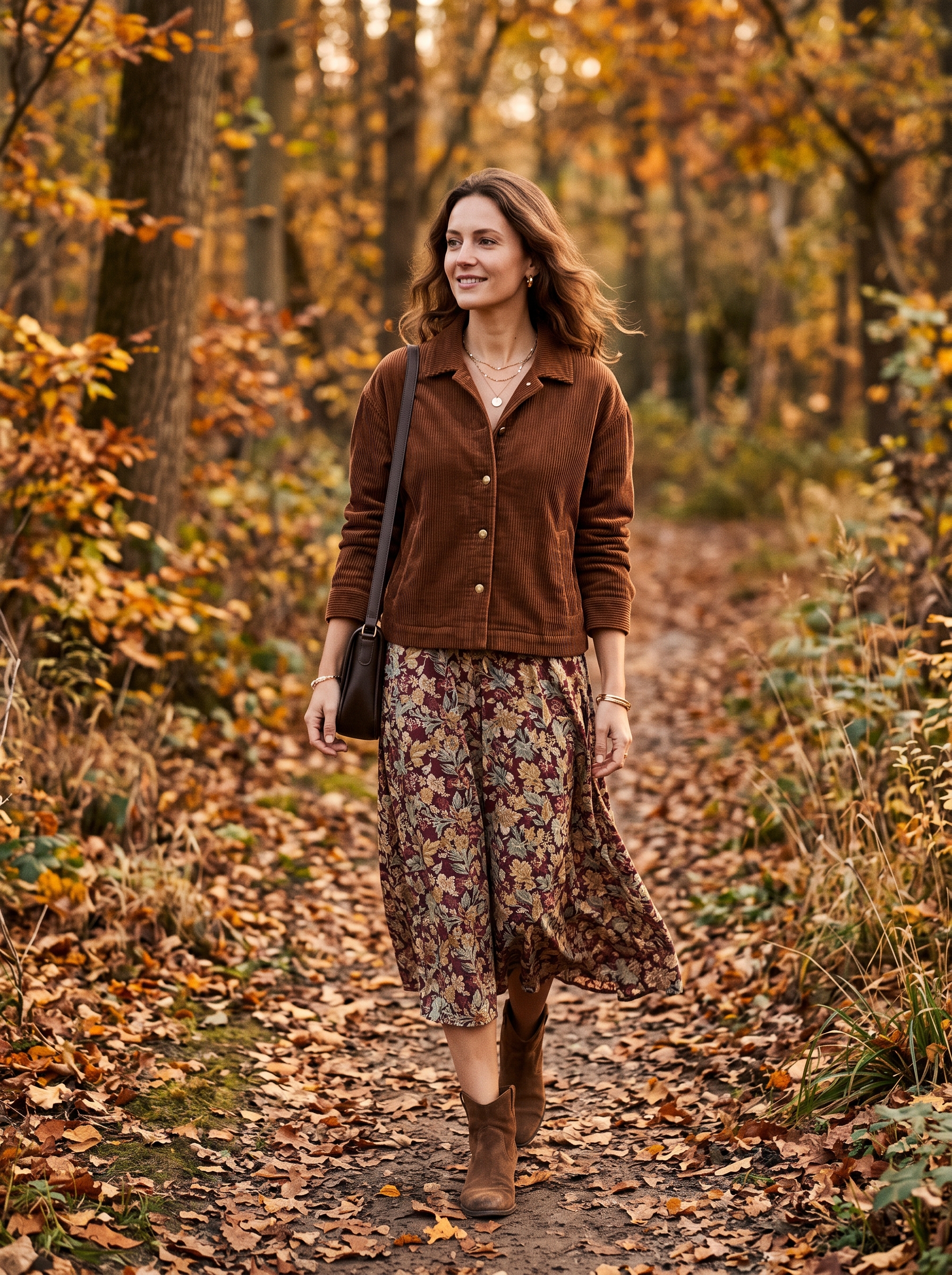 Corduroy Jacket With Floral Midi Skirt