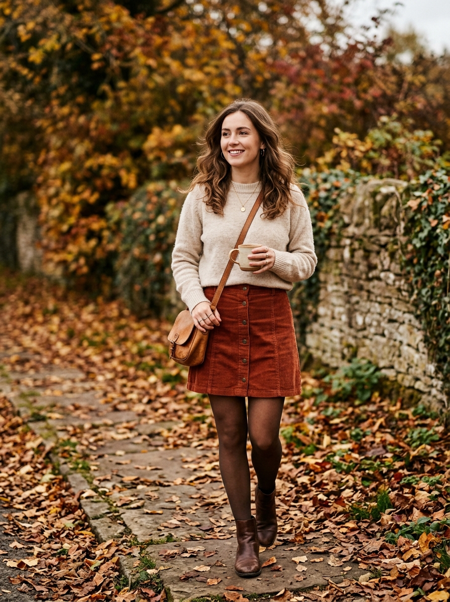 Corduroy Skirt With a Soft Crewneck Sweater