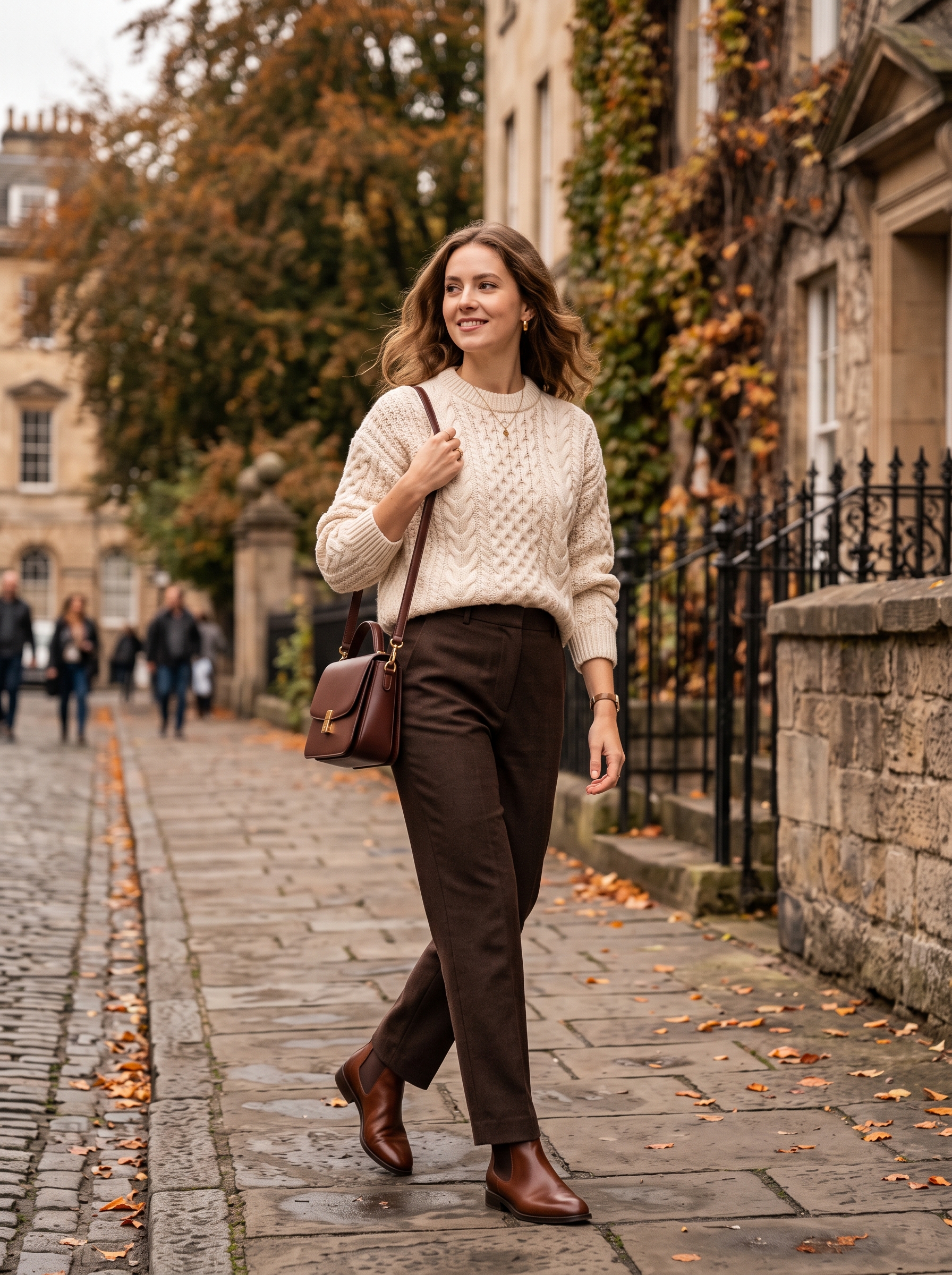 Cream Cable-Knit Sweater With Brown Trousers
