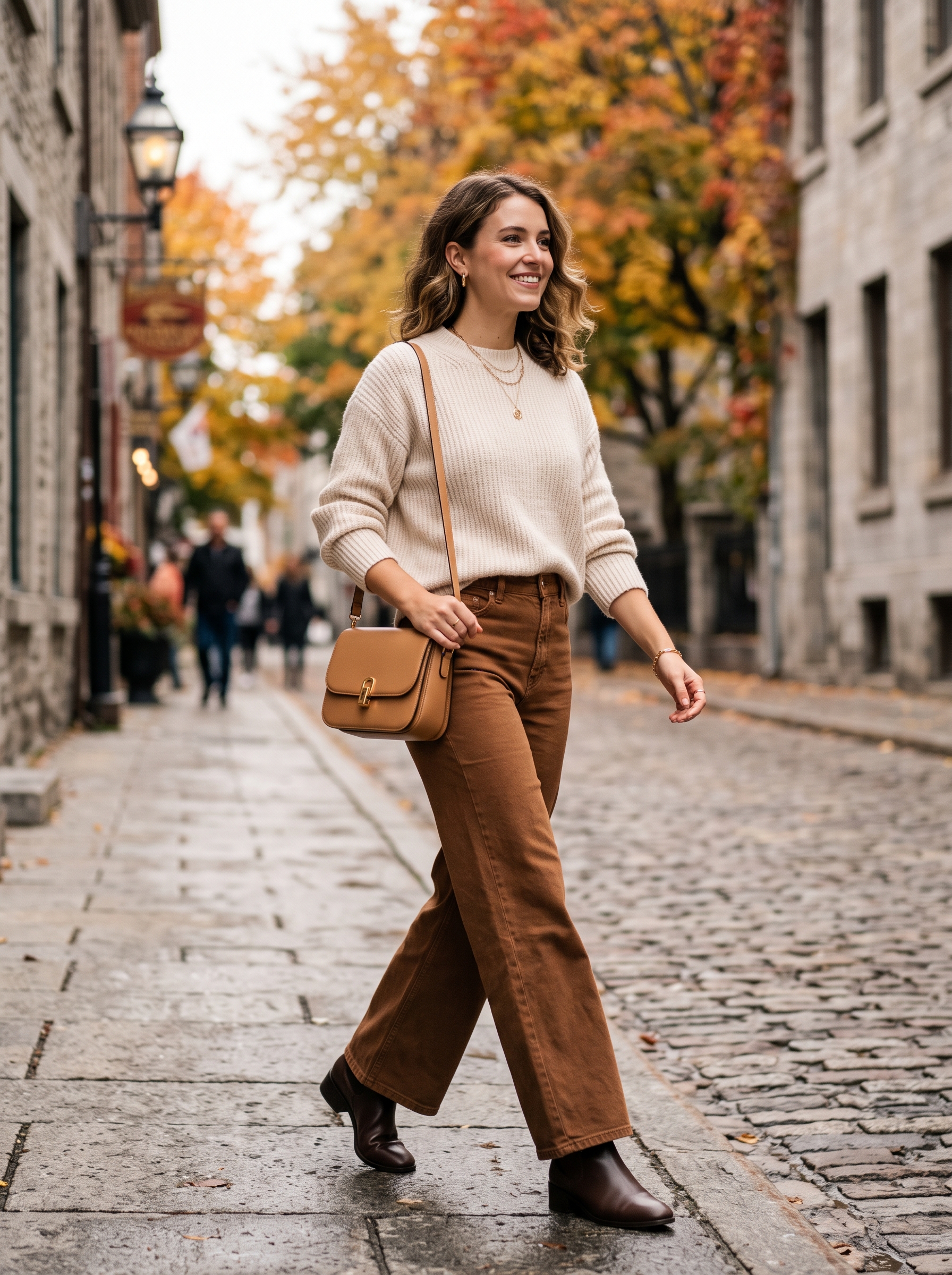 Cream Sweater With Brown Wide-Leg Jeans
