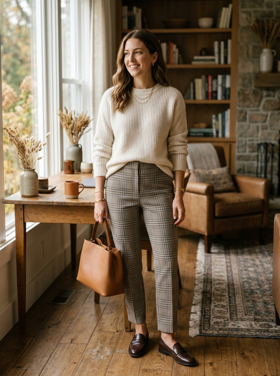 Cream Sweater With Plaid Ankle Pants