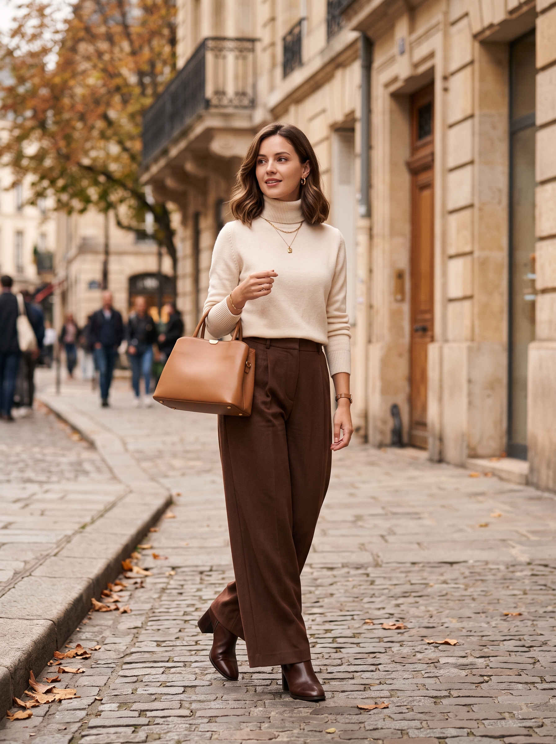 Cream Turtleneck With Chocolate Wide-Leg Trousers