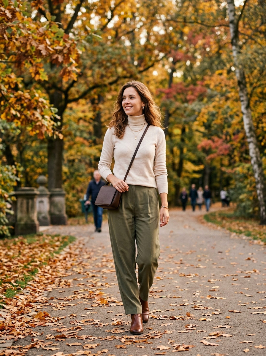 Cream Turtleneck With Olive Trousers