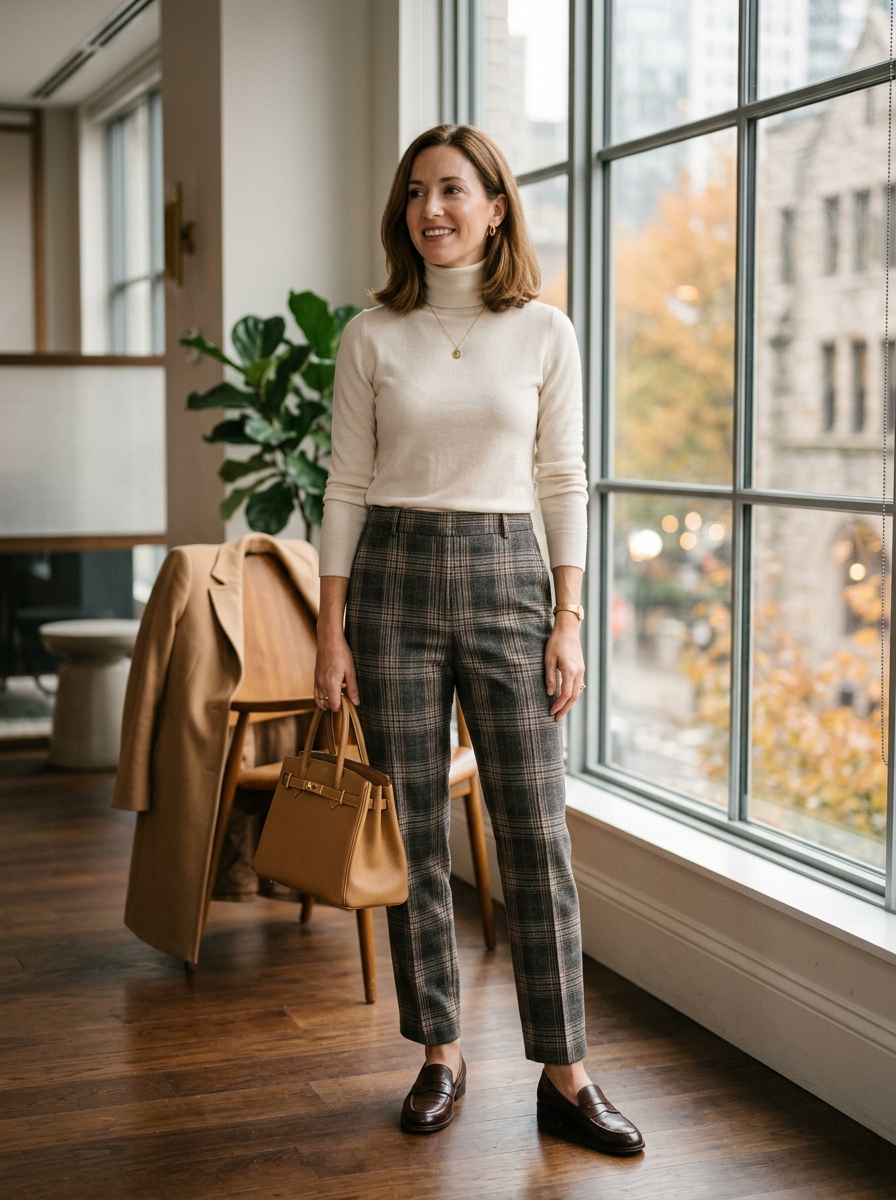 Cream Turtleneck With Plaid Work Pants