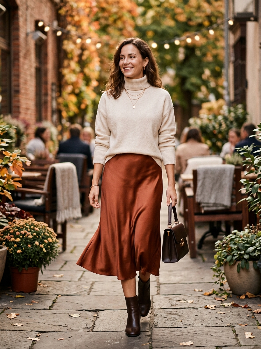 Cream Turtleneck With a Satin Midi Skirt