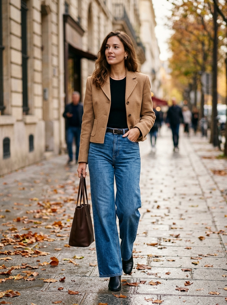 Cropped Jacket With High-Rise Wide-Leg Jeans