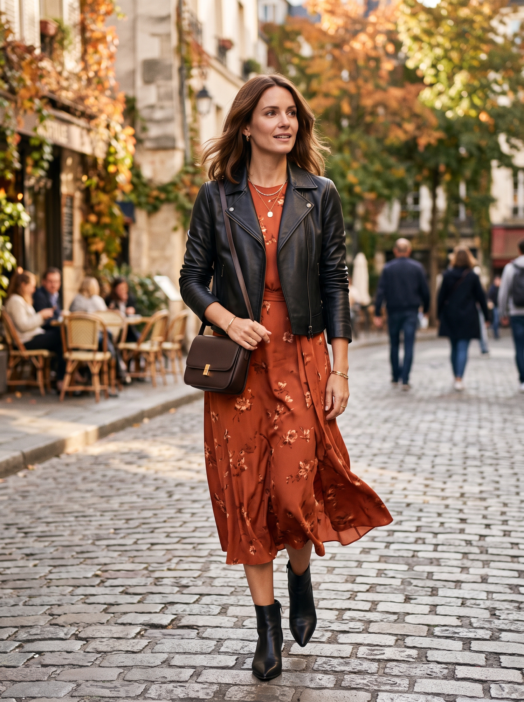 Cropped Leather Jacket With a Midi Dress