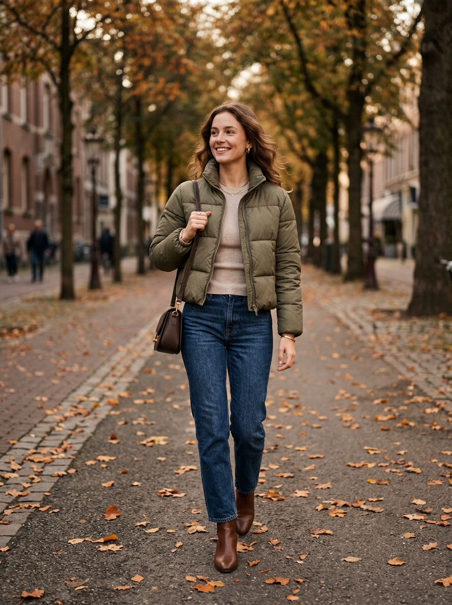 Cropped Puffer With Straight-Leg Jeans