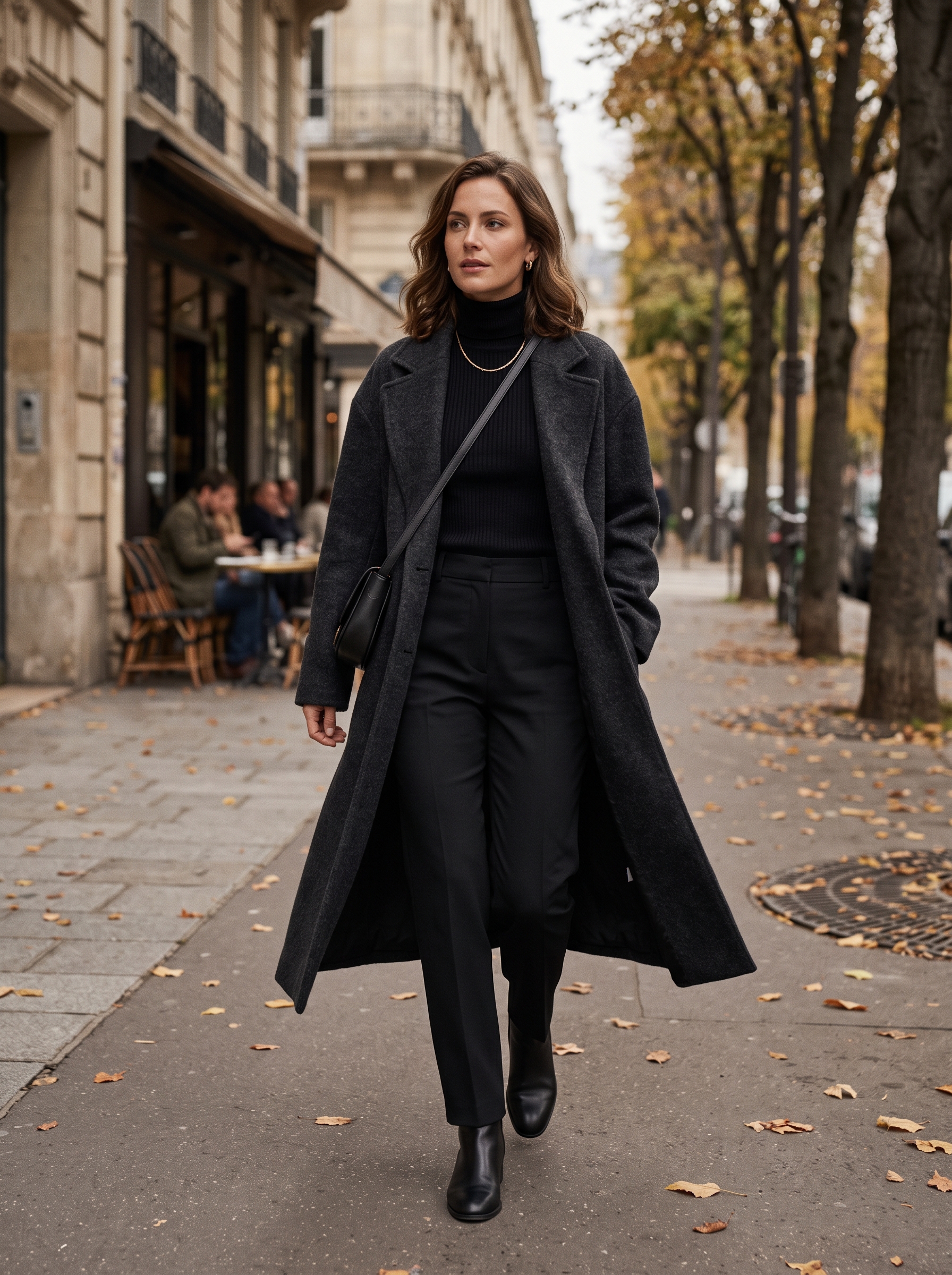 Dark Column Outfit With an Open Wool Coat