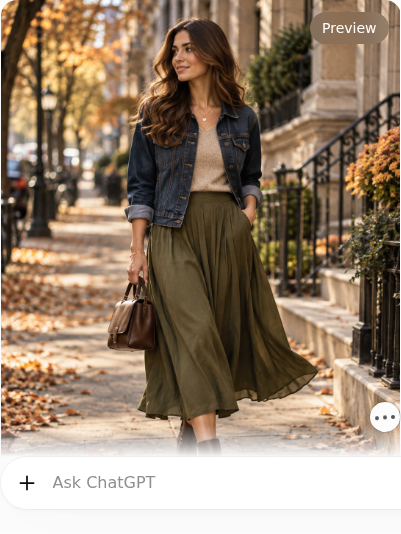 Dark Denim Jacket With Olive Midi Skirt